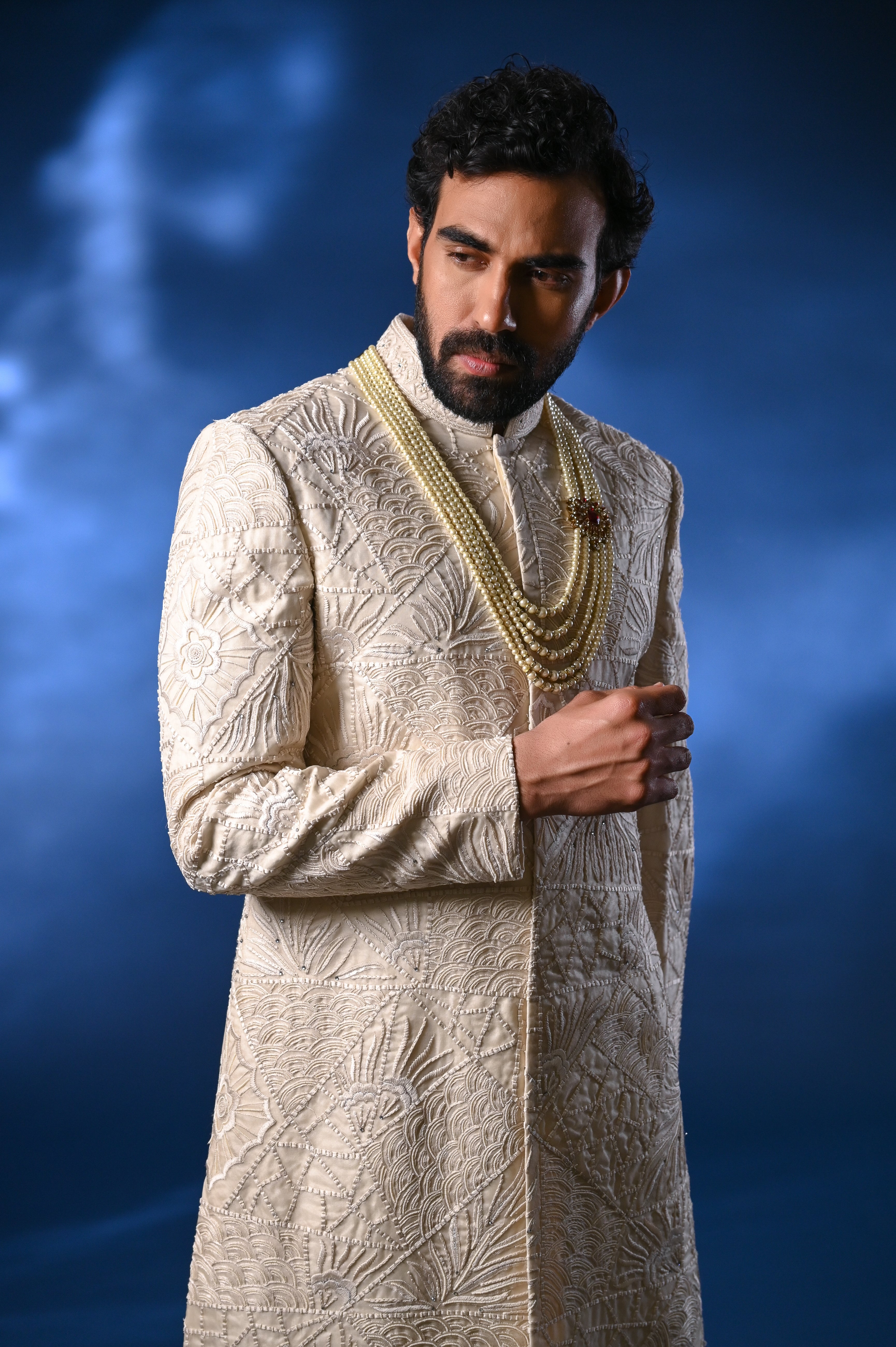 Cream Lakhnavi Embroidered Raw Silk Sherwani (3-Piece) - Image 3