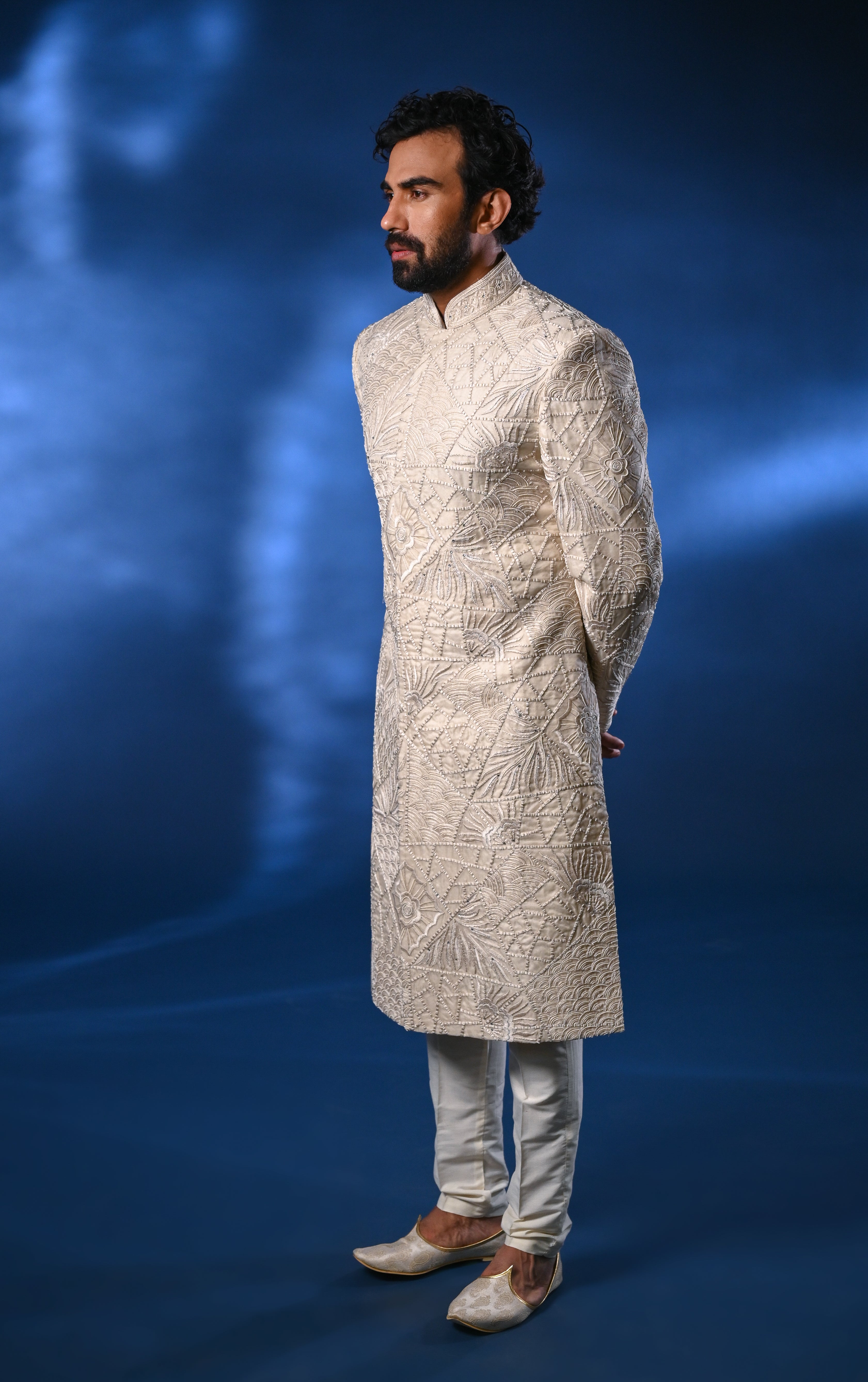 Cream Lakhnavi Embroidered Raw Silk Sherwani (3-Piece) - Image 4