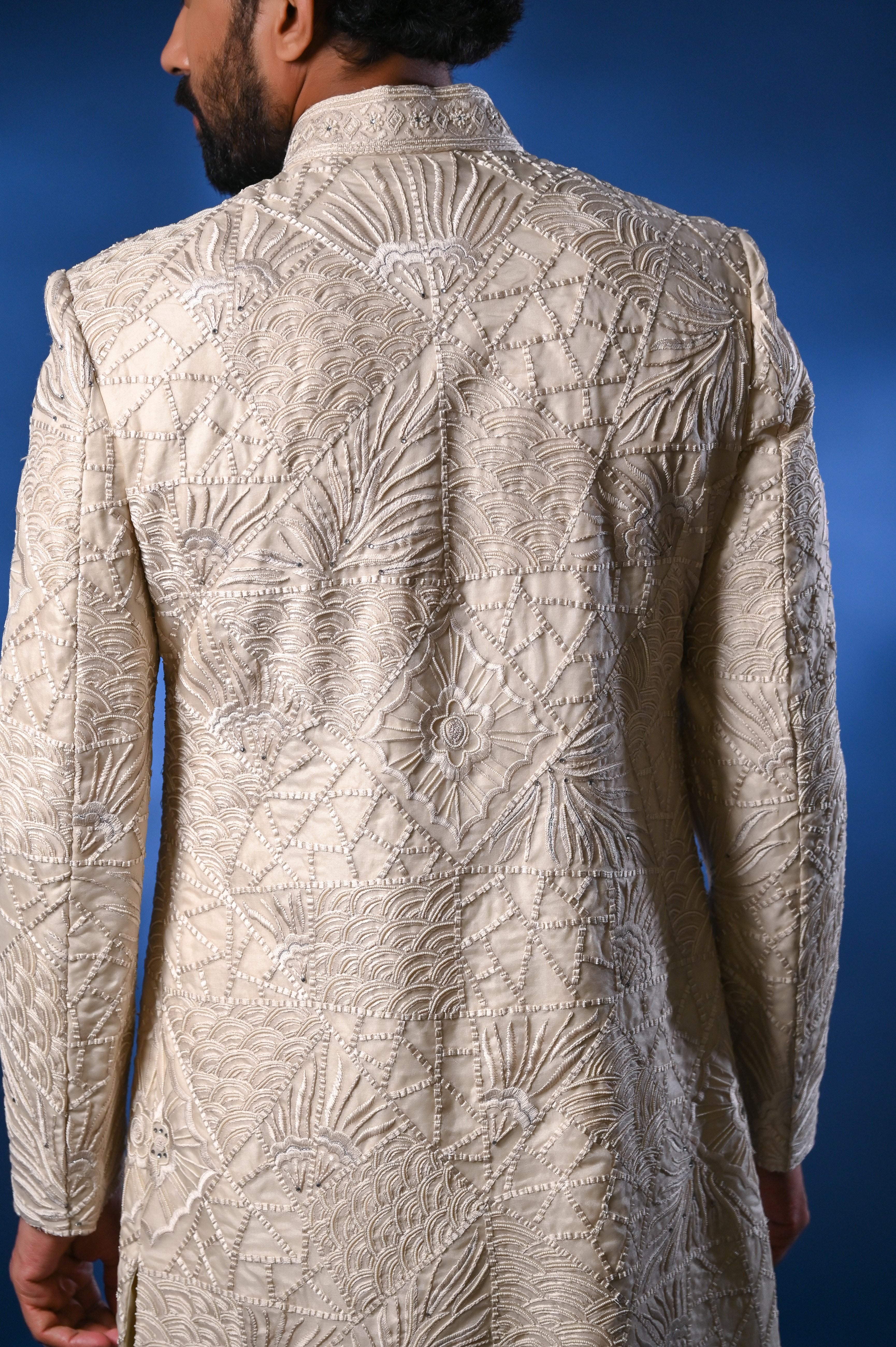 Cream Lakhnavi Embroidered Raw Silk Sherwani (3-Piece) - Image 5