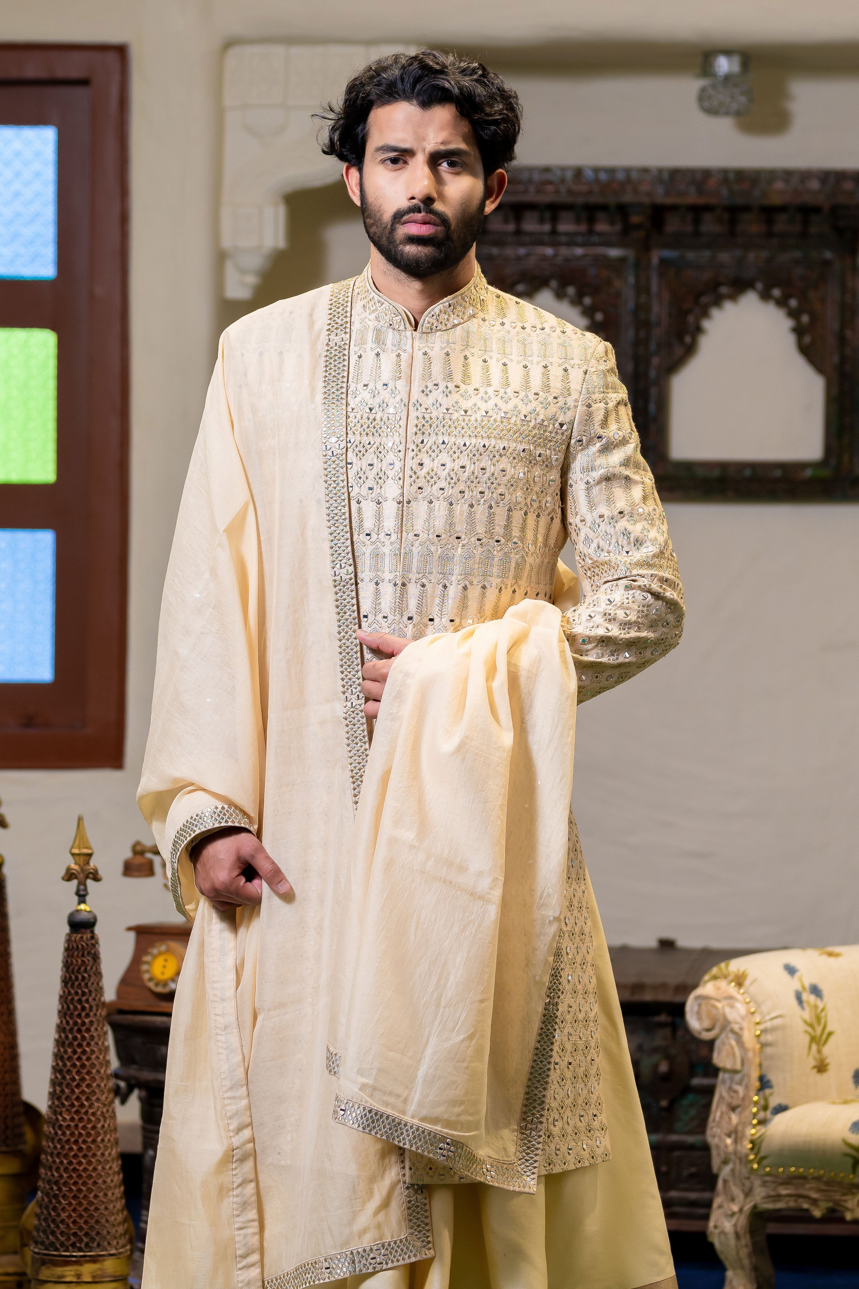 Cream Mirror Embroidered Raw Silk Sherwani (4-Piece) - Image 1