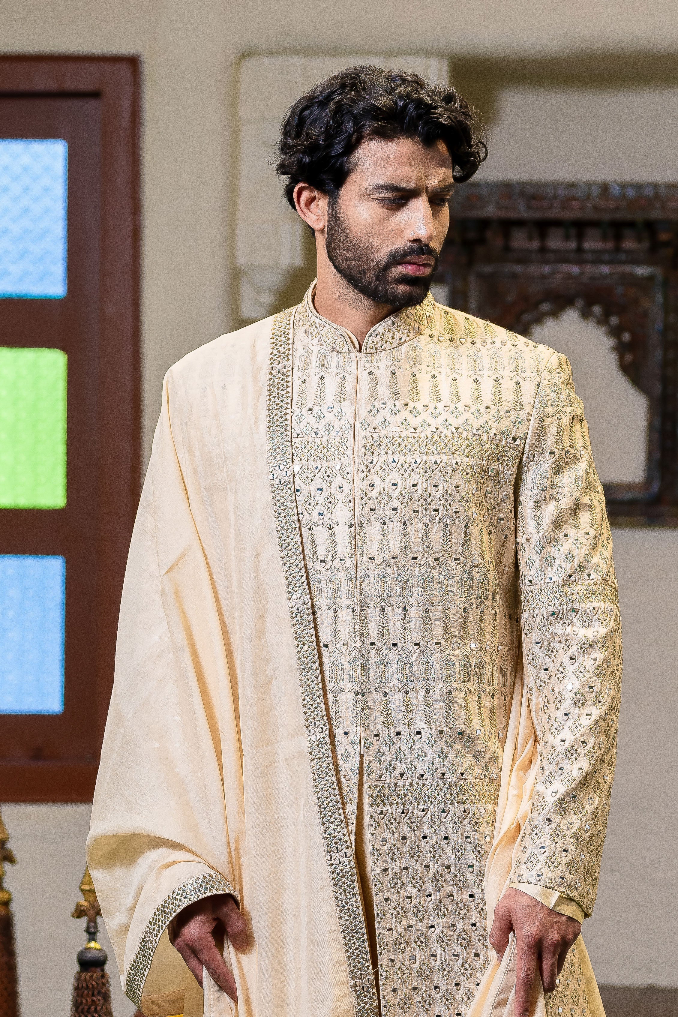 Cream Mirror Embroidered Raw Silk Sherwani (4-Piece) - Image 2