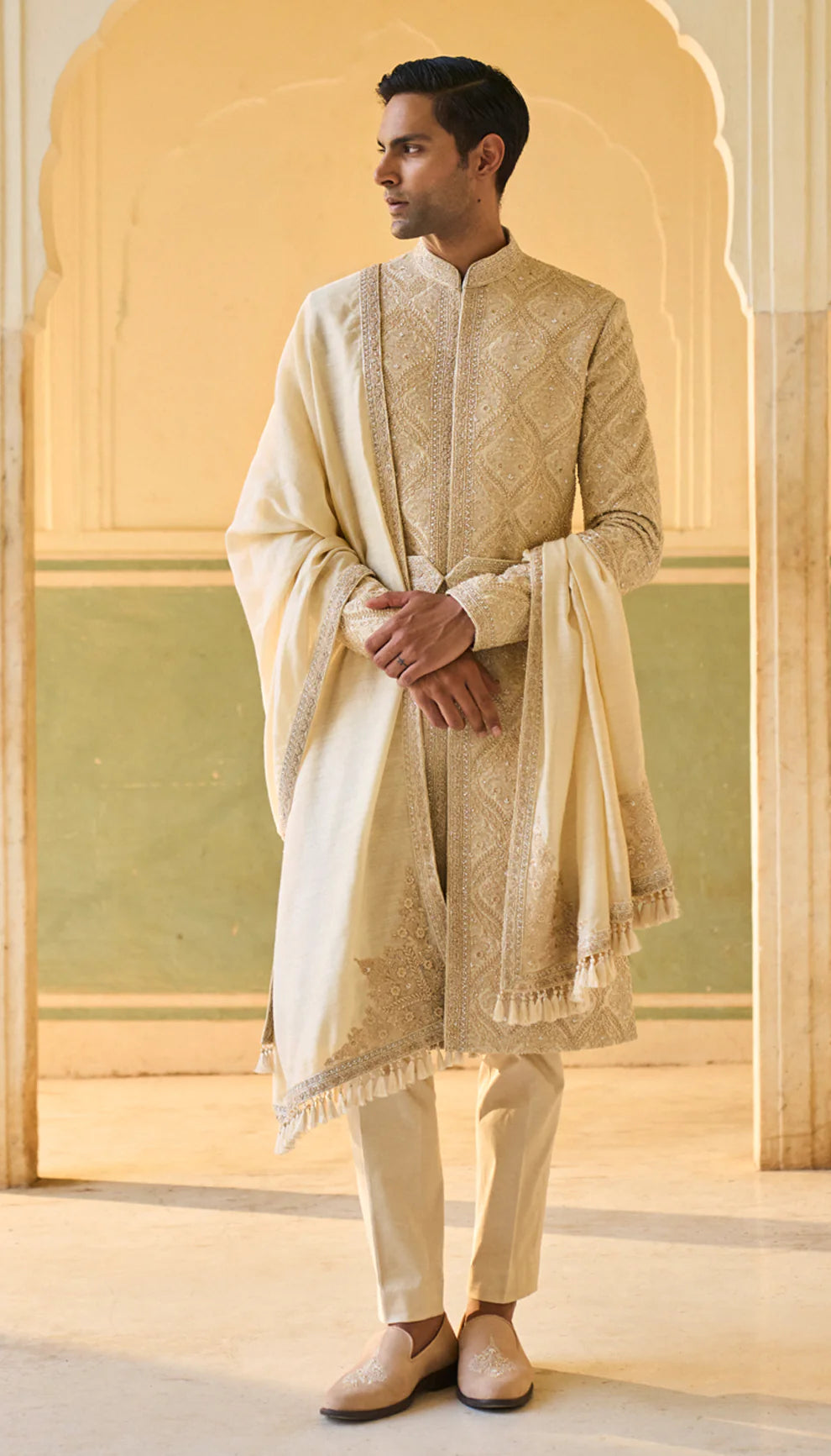 Muted Ivory Resham Embroidered Raw Silk Sherwani (3-Piece) - Image 1