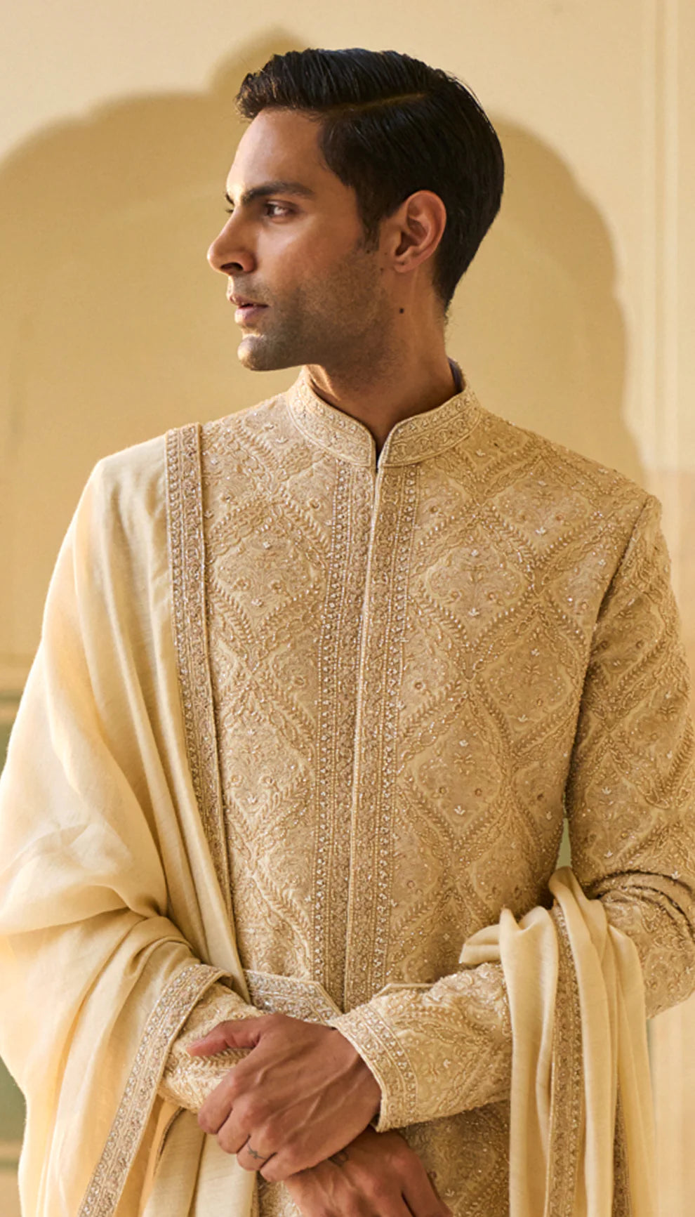 Muted Ivory Resham Embroidered Raw Silk Sherwani (3-Piece) - Image 2