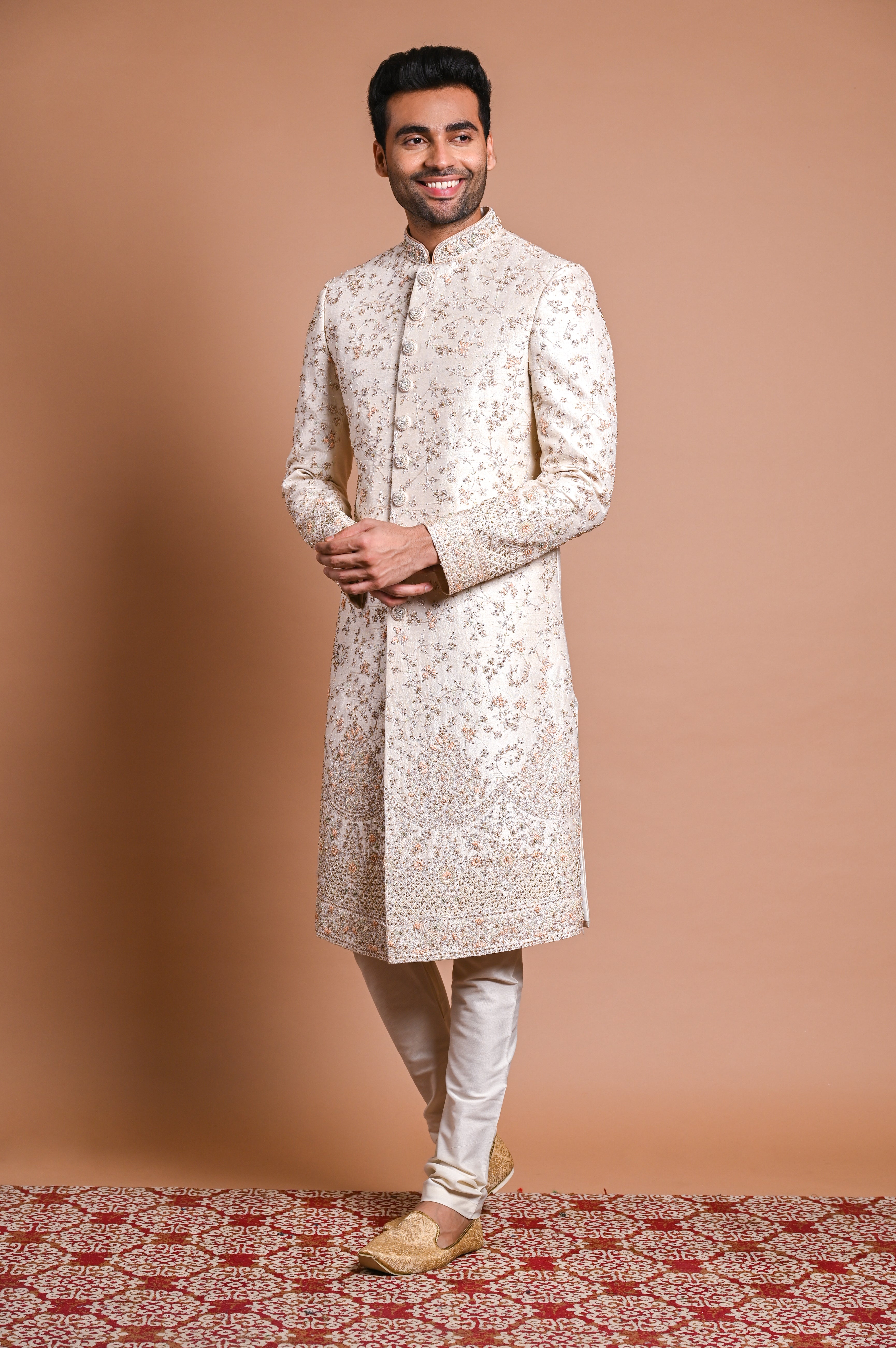 Cream Embroidered Raw Silk Sherwani (2-Piece) - Image 1