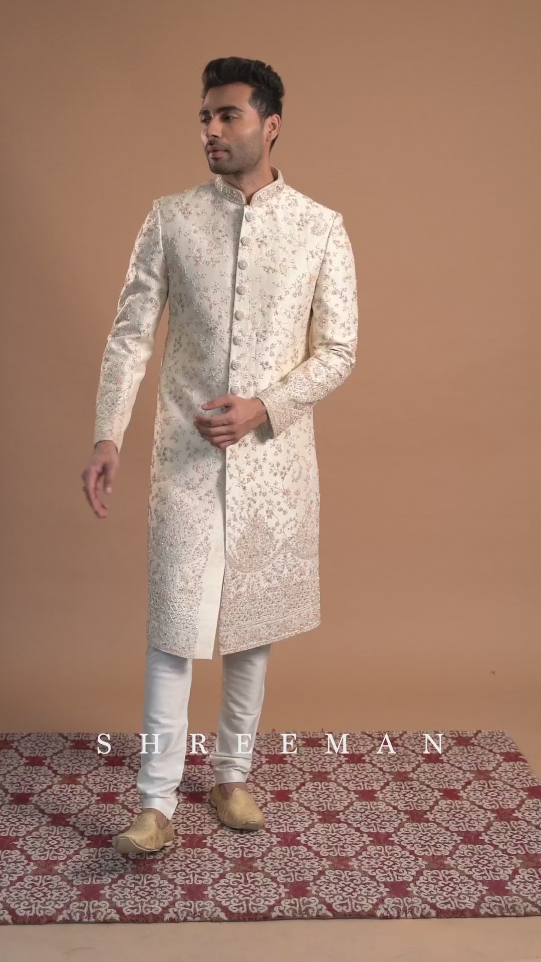 Cream Embroidered Raw Silk Sherwani (2-Piece) - Image 2