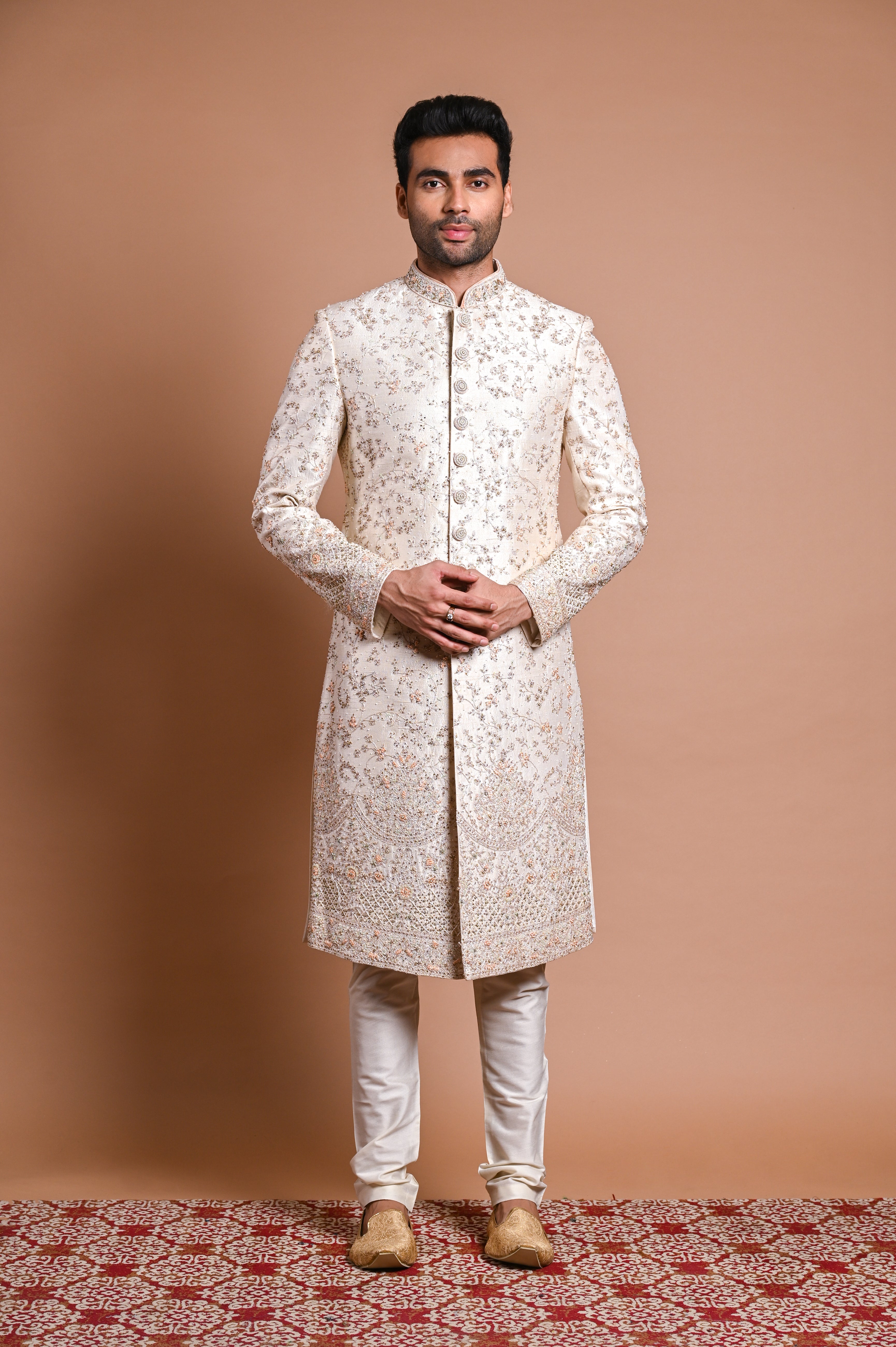 Cream Embroidered Raw Silk Sherwani (2-Piece) - Image 3