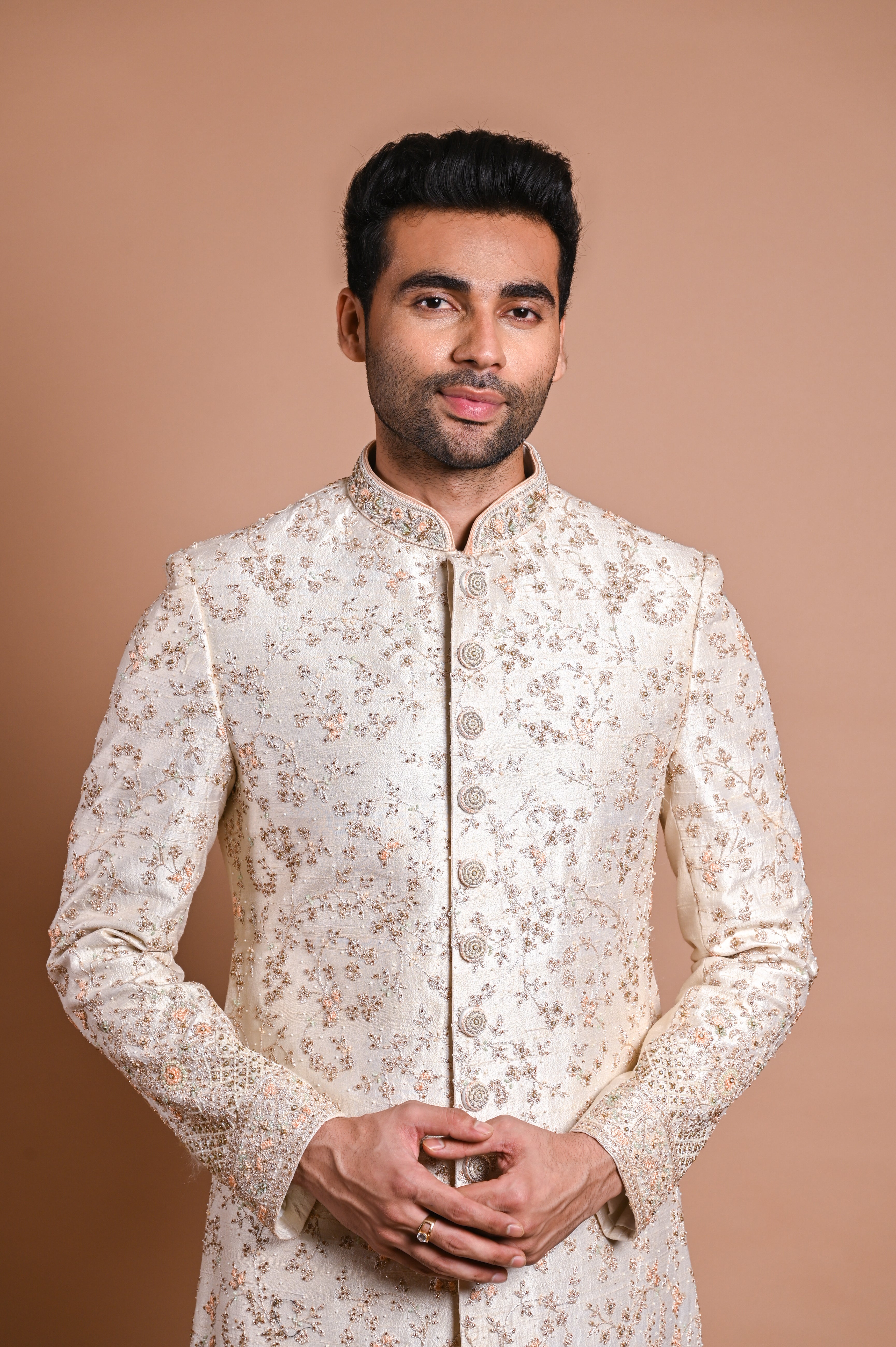 Cream Embroidered Raw Silk Sherwani (2-Piece) - Image 5