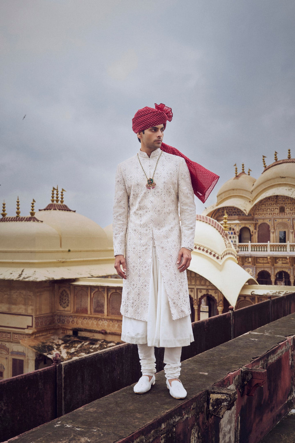 Ivory Embroidered Raw Silk Sherwani (3-Piece) - Image 1