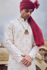 Ivory Embroidered Raw Silk Sherwani (3-Piece) - Image 5