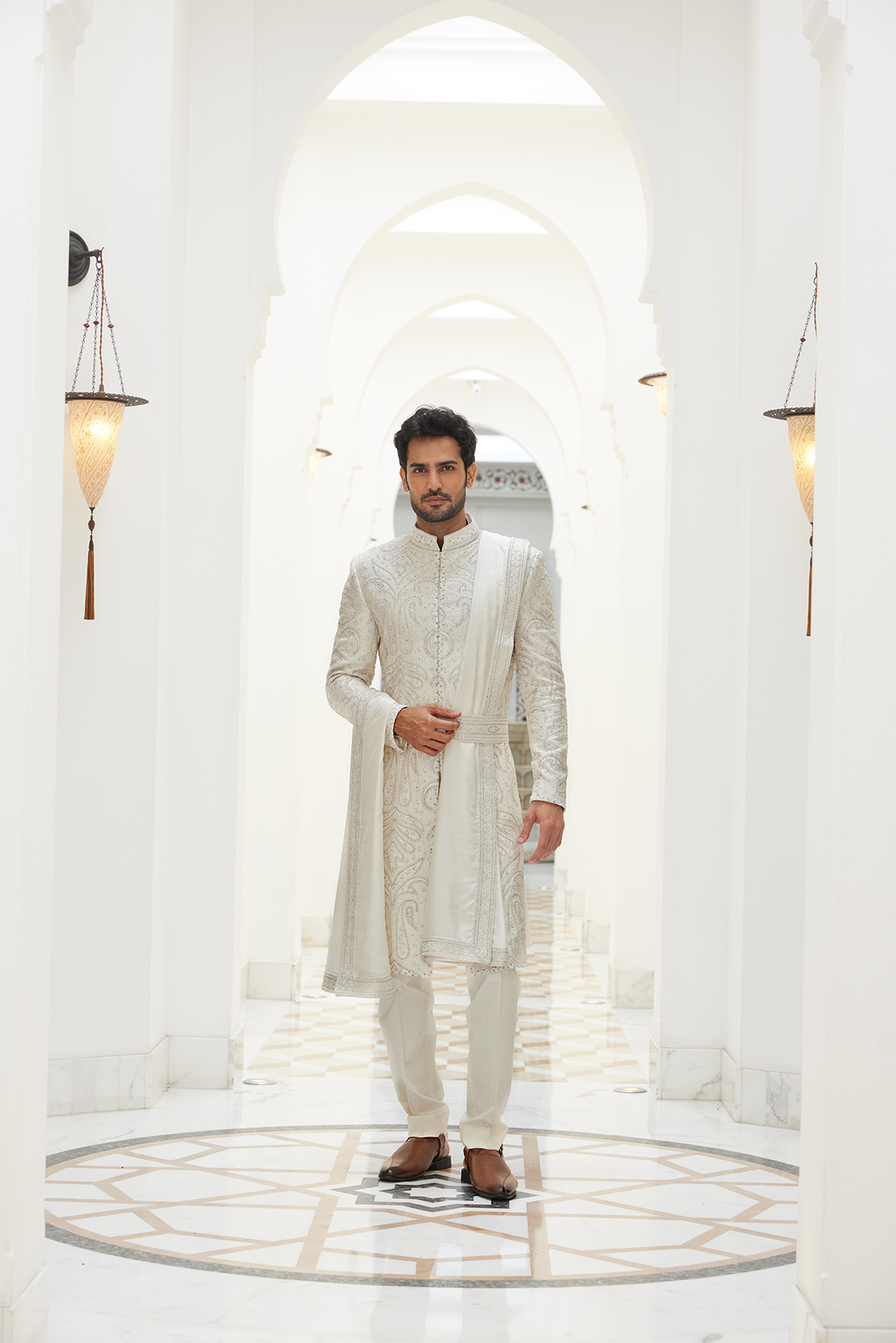 Ivory Embroidered Raw Silk Sherwani (4-Piece) - Image 1