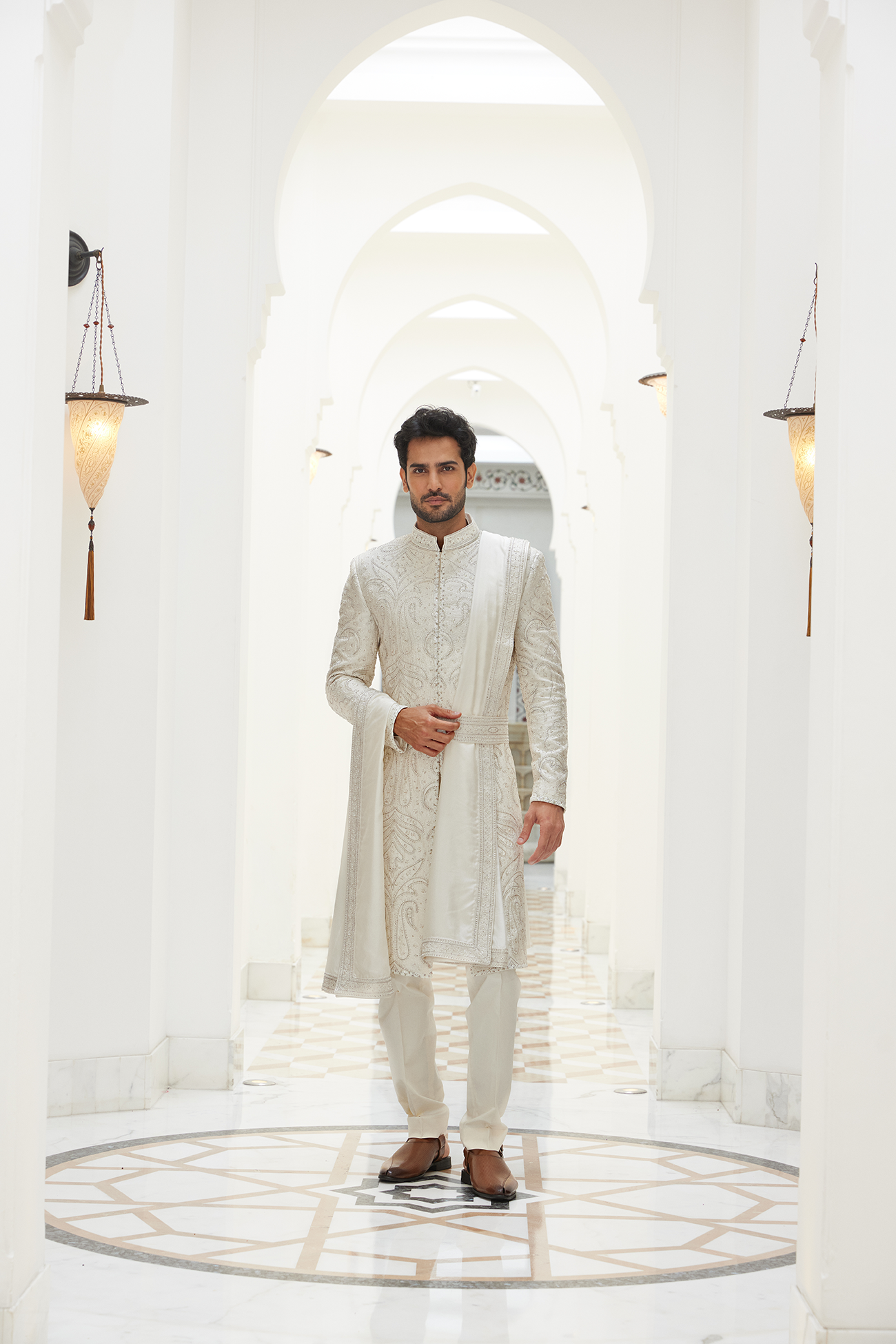 Ivory Embroidered Raw Silk Sherwani (4-Piece) - Image 2