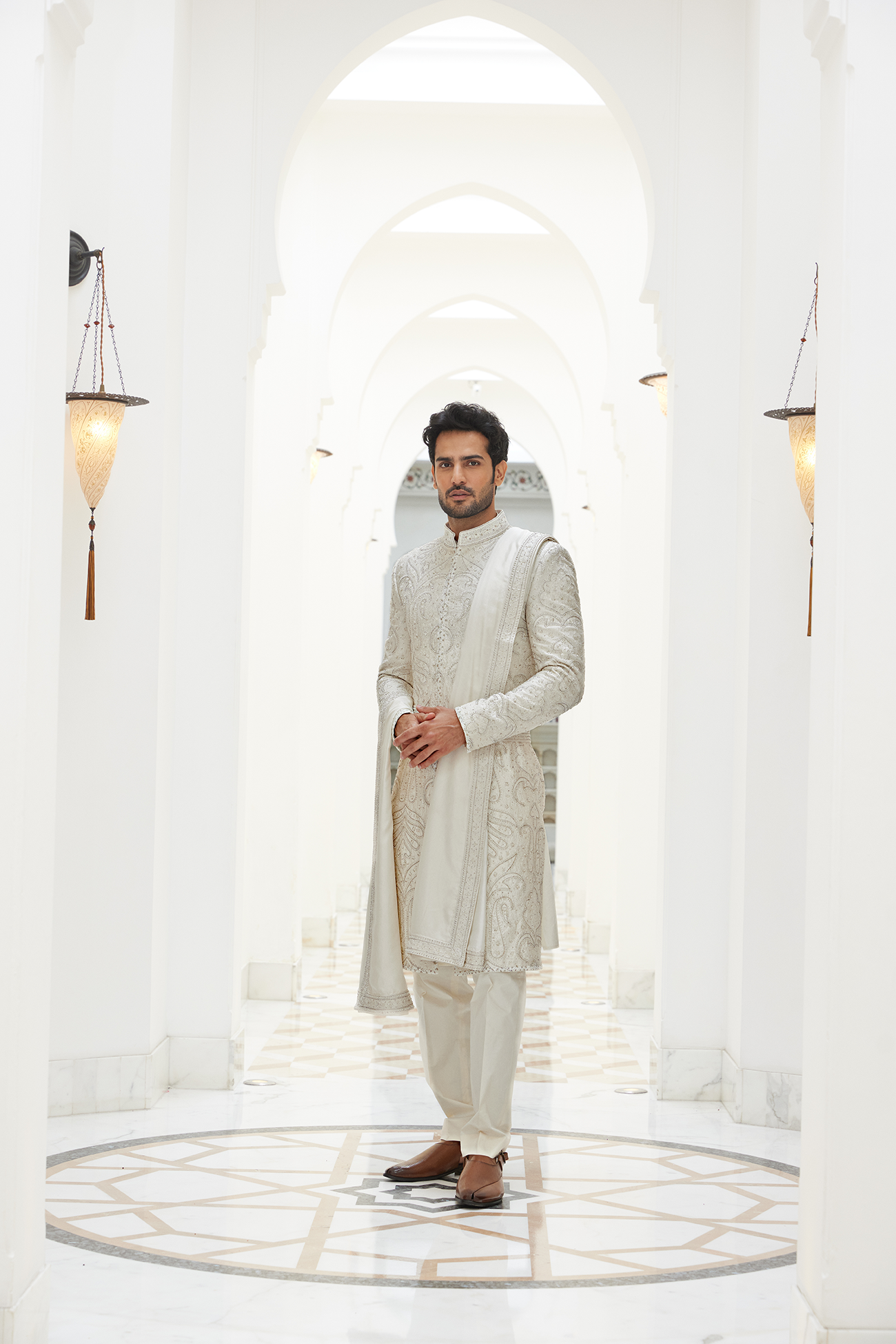 Ivory Embroidered Raw Silk Sherwani (4-Piece) - Image 3