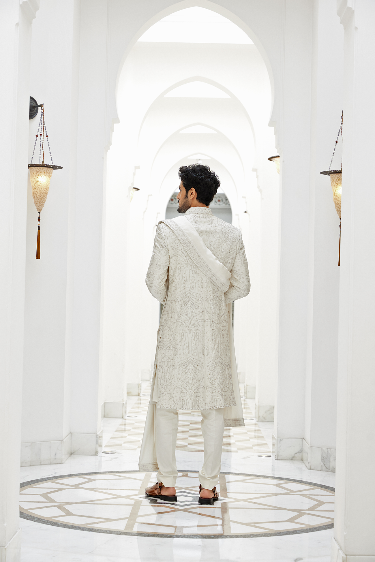 Ivory Embroidered Raw Silk Sherwani (4-Piece) - Image 4