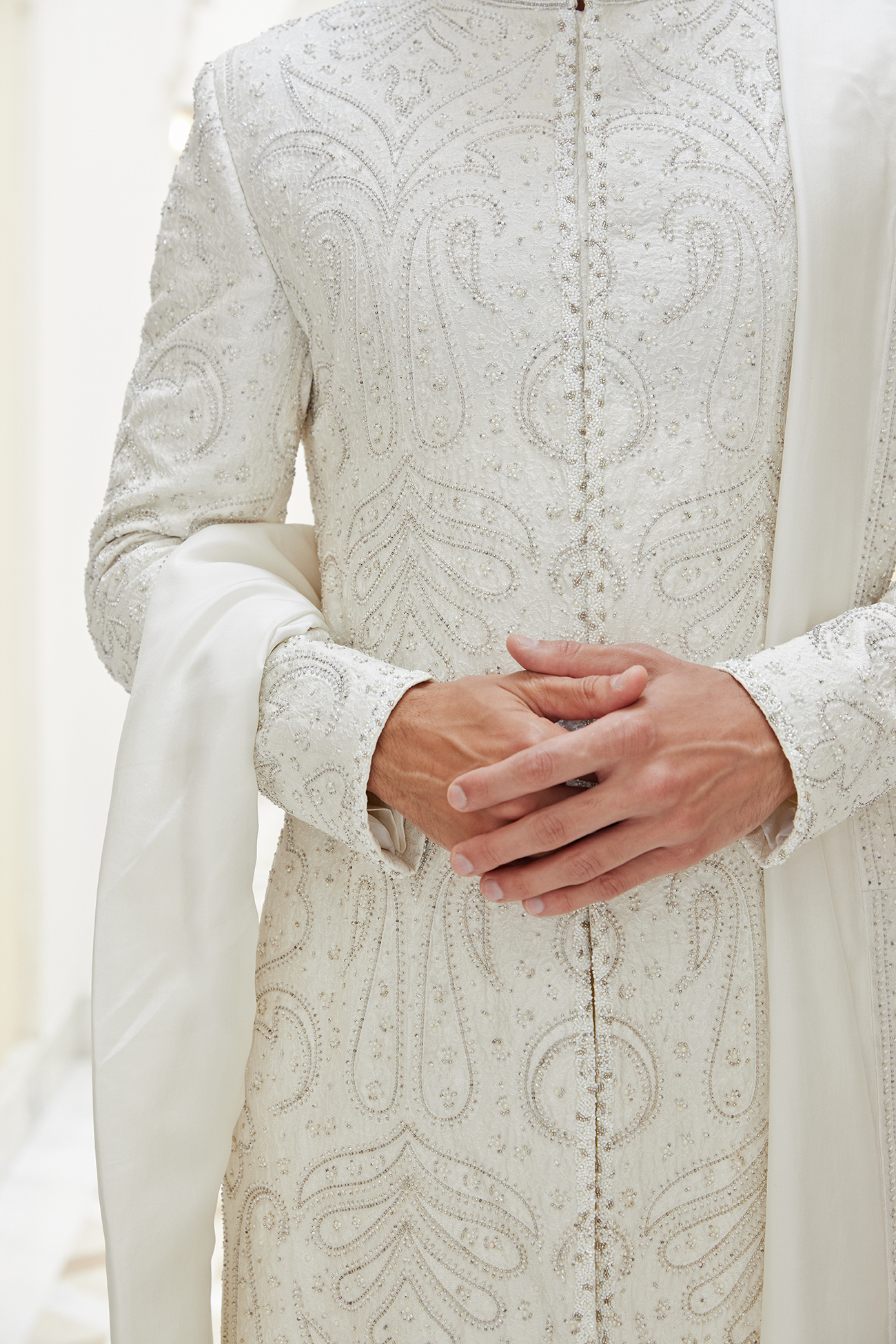 Ivory Embroidered Raw Silk Sherwani (4-Piece) - Image 5