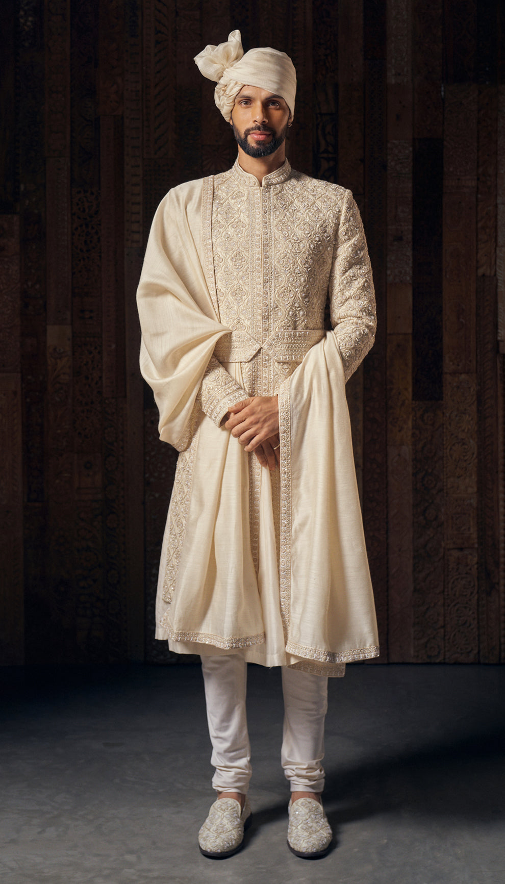 Muted Ivory Embroidered Raw Silk Sherwani (3-Piece) - Image 1
