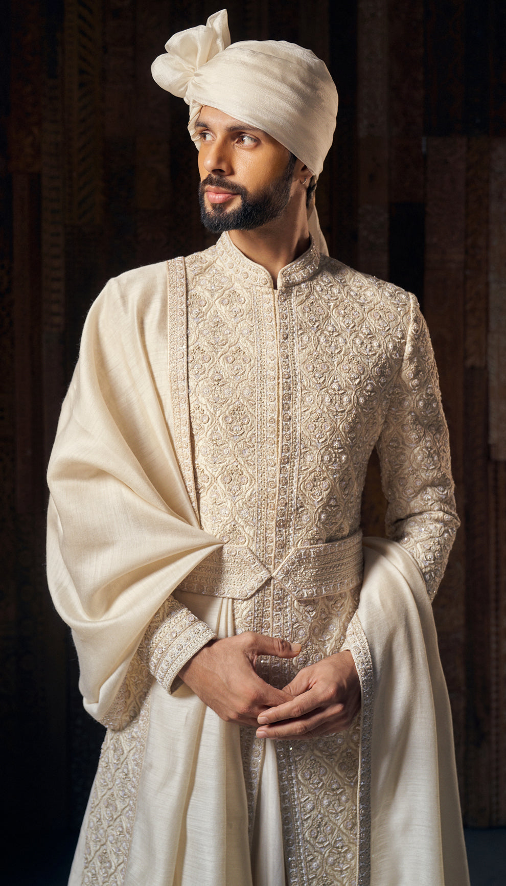 Muted Ivory Embroidered Raw Silk Sherwani (3-Piece) - Image 2