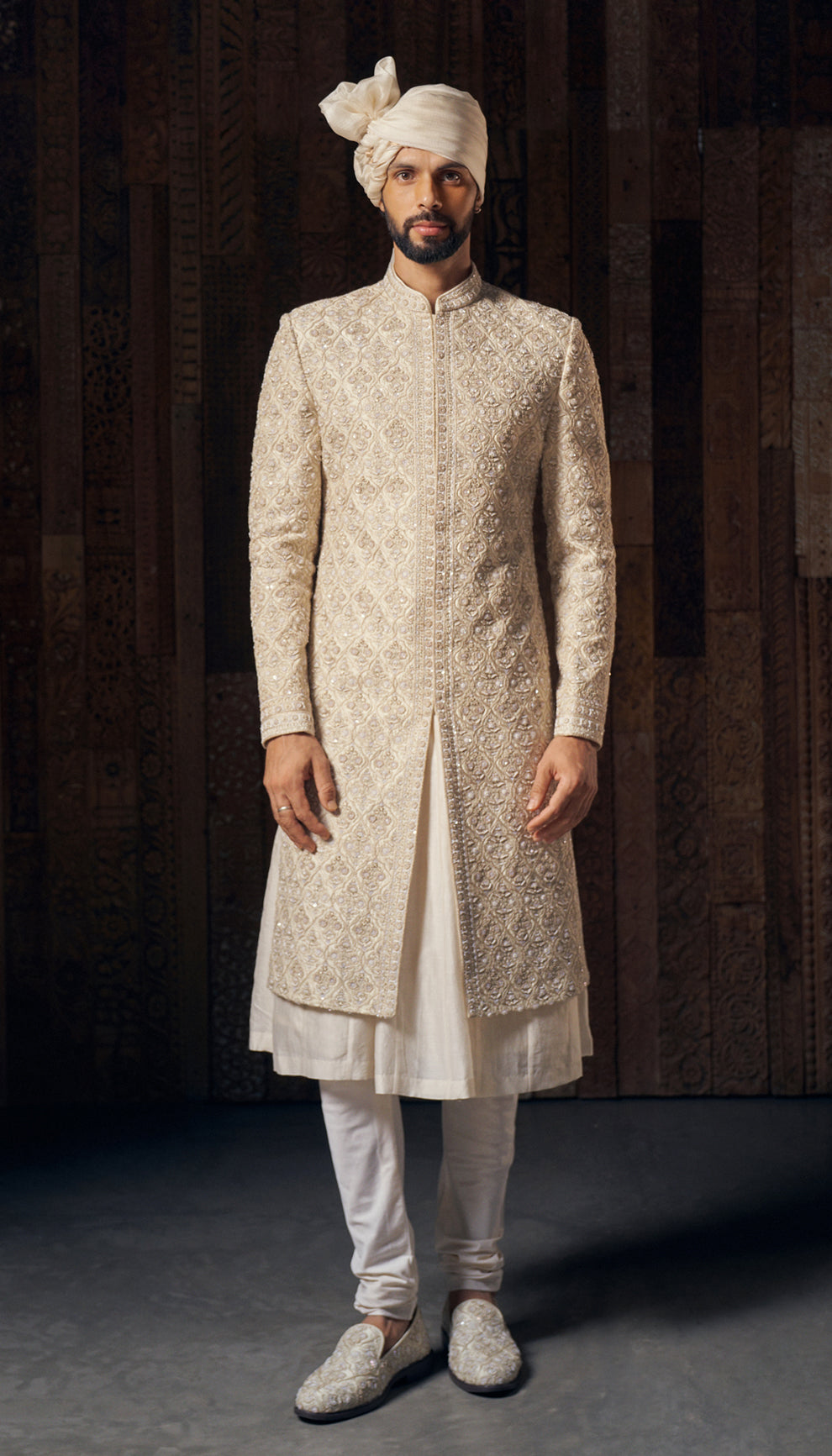Muted Ivory Embroidered Raw Silk Sherwani (3-Piece) - Image 3