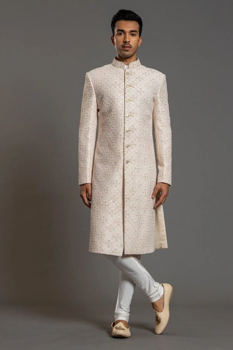 Off-White Sequined Cutdana Raw Silk Sherwani (2-Piece) - Image 1