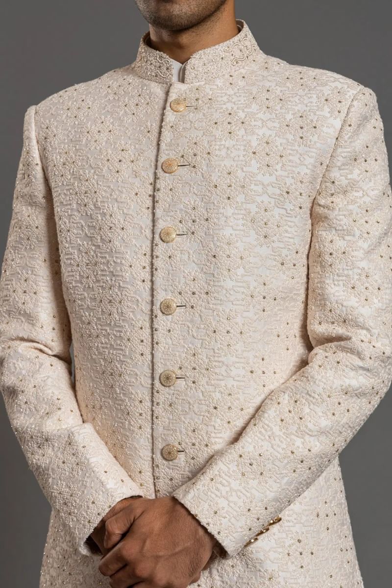 Off-White Sequined Cutdana Raw Silk Sherwani (2-Piece) - Image 2