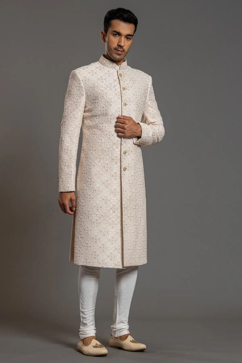Off-White Sequined Cutdana Raw Silk Sherwani (2-Piece) - Image 3