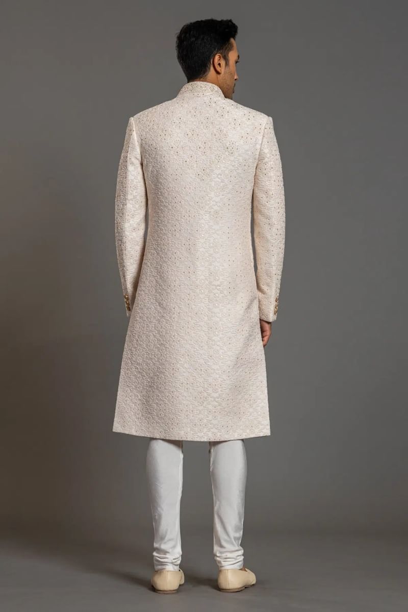 Off-White Sequined Cutdana Raw Silk Sherwani (2-Piece) - Image 4