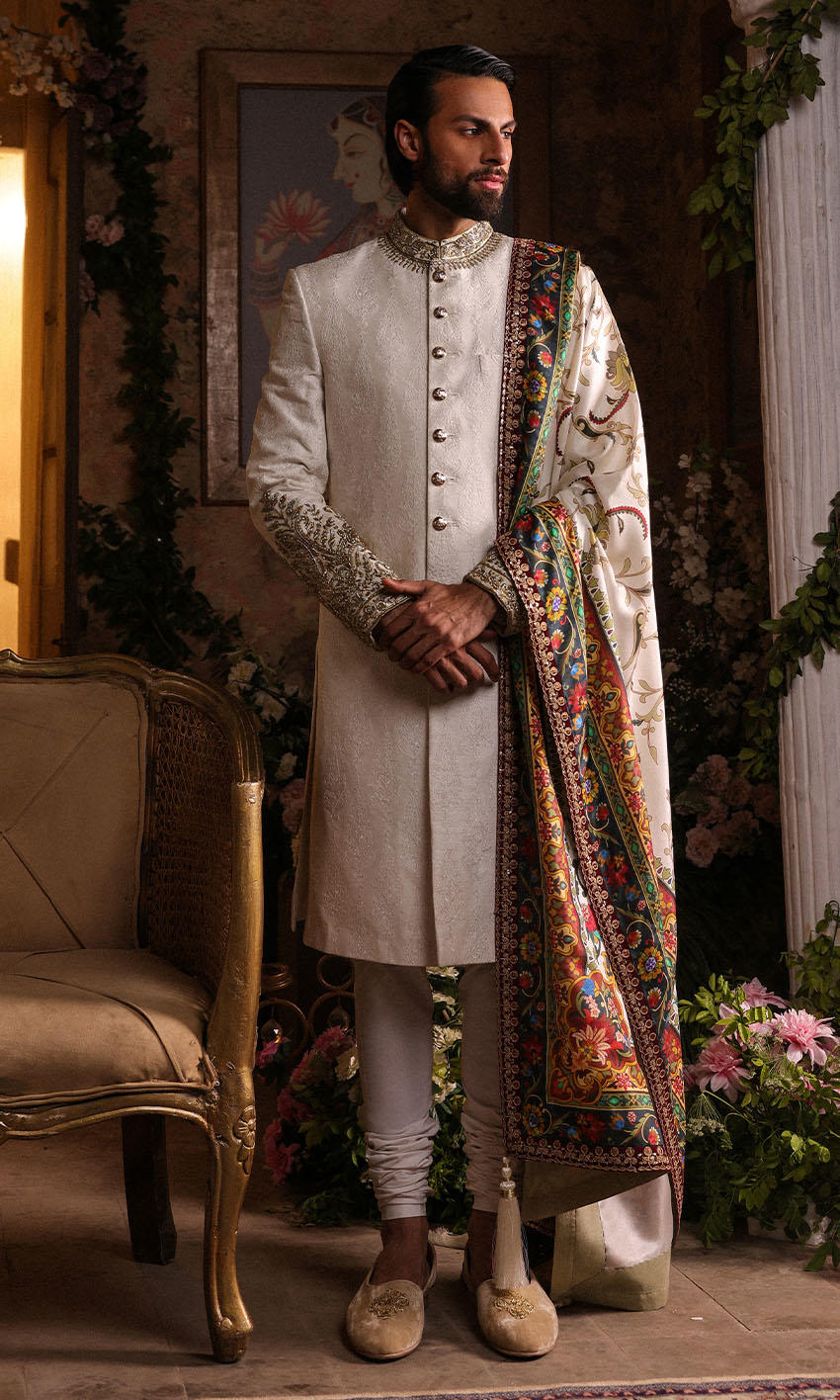 Ivory Hand-Embellished Raw Silk Sherwani (3-Piece) - Image 1