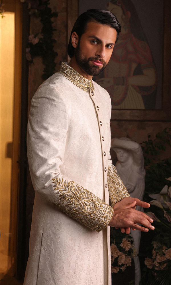 Ivory Hand-Embellished Raw Silk Sherwani (3-Piece) - Image 10
