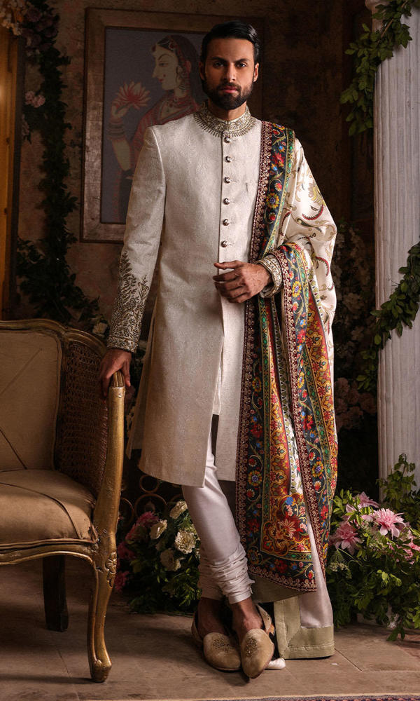 Ivory Hand-Embellished Raw Silk Sherwani (3-Piece) - Image 4