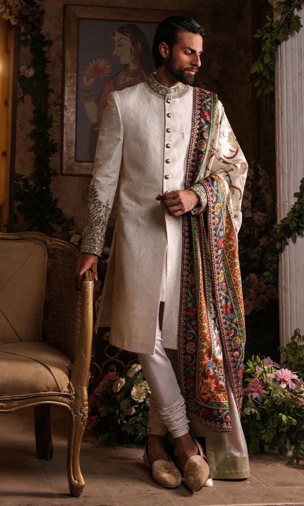 Ivory Hand-Embellished Raw Silk Sherwani (3-Piece) - Image 5