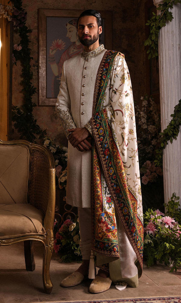 Ivory Hand-Embellished Raw Silk Sherwani (3-Piece) - Image 6