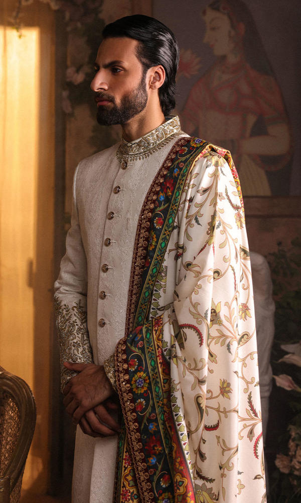 Ivory Hand-Embellished Raw Silk Sherwani (3-Piece) - Image 8