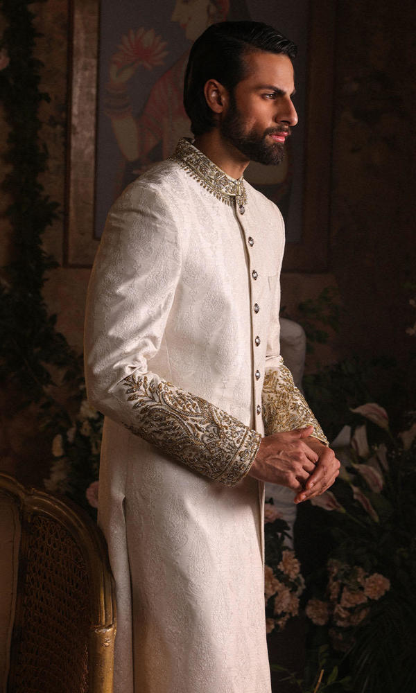 Ivory Hand-Embellished Raw Silk Sherwani (3-Piece) - Image 9