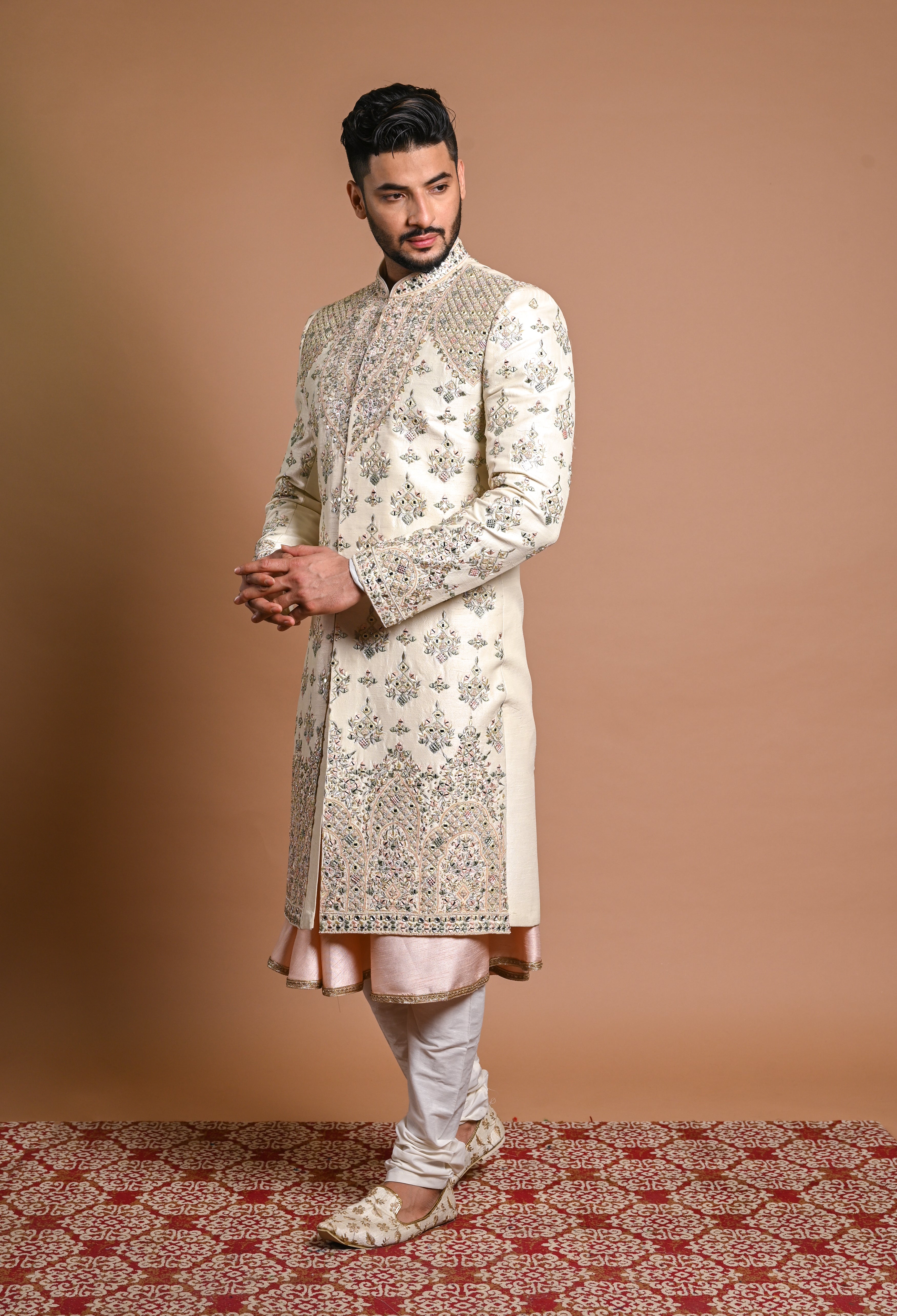 Cream Mirror Zardozi Raw Silk Sherwani (2-Piece) - Image 1