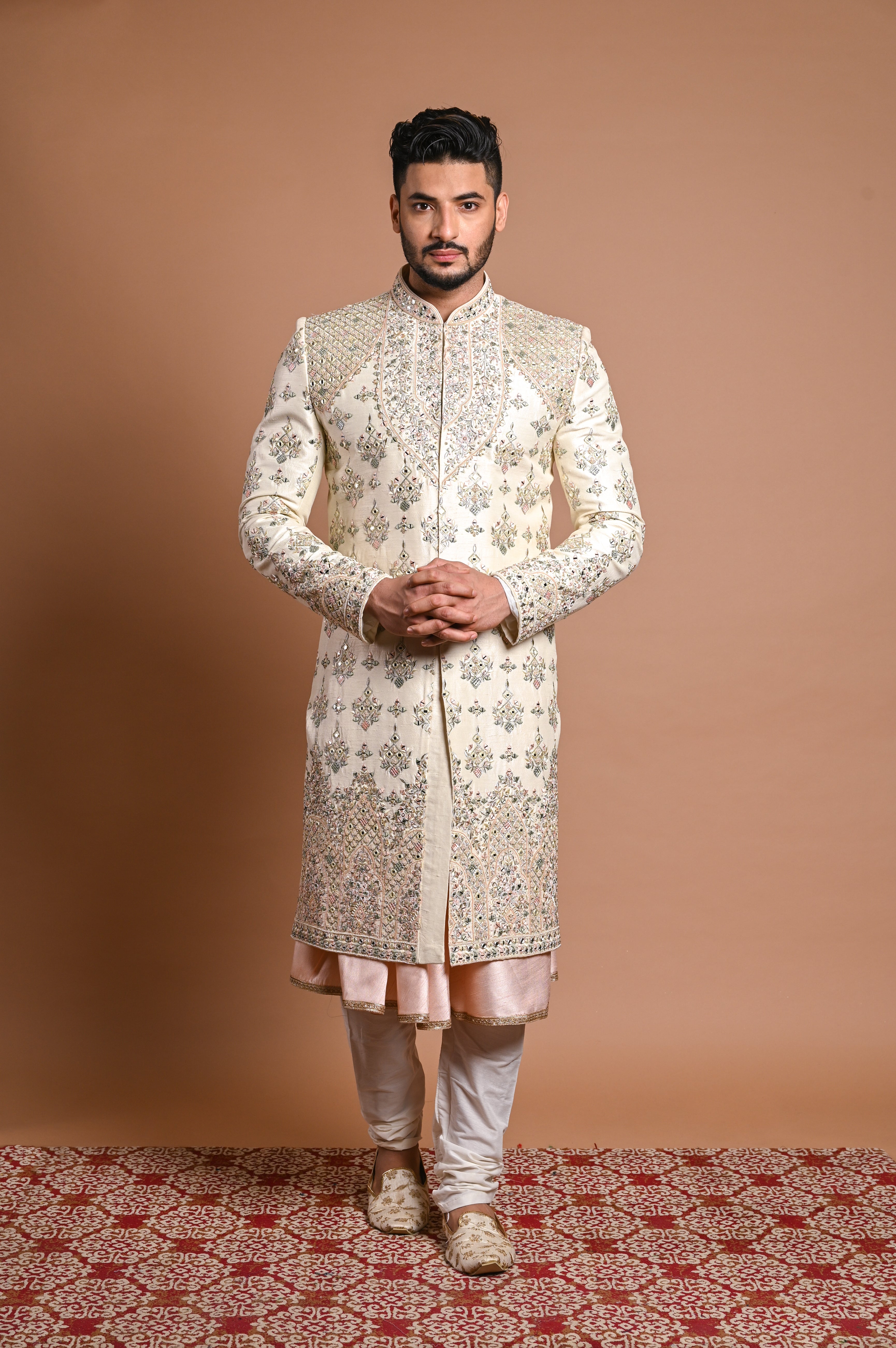 Cream Mirror Zardozi Raw Silk Sherwani (2-Piece) - Image 2