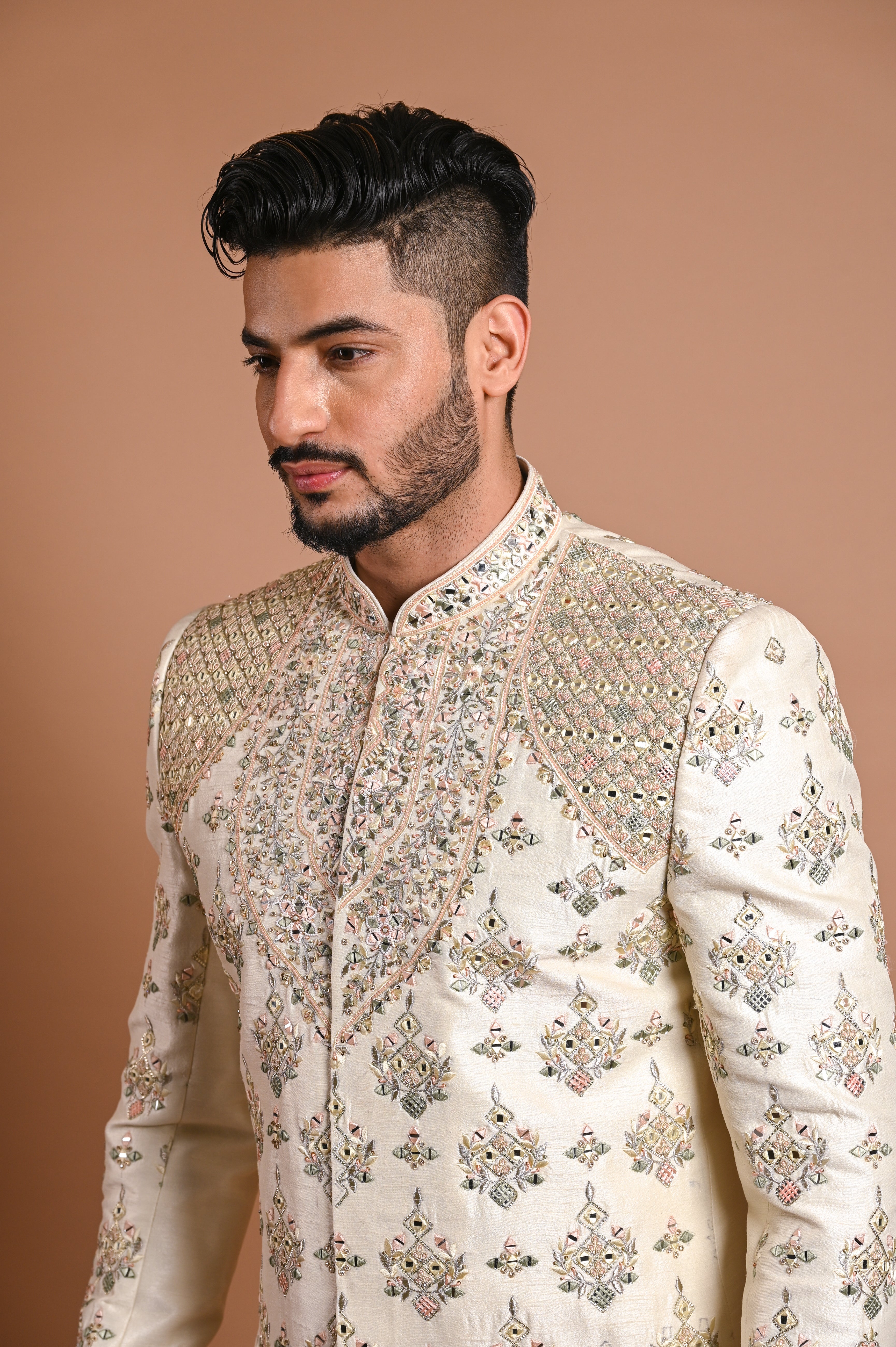 Cream Mirror Zardozi Raw Silk Sherwani (2-Piece) - Image 4
