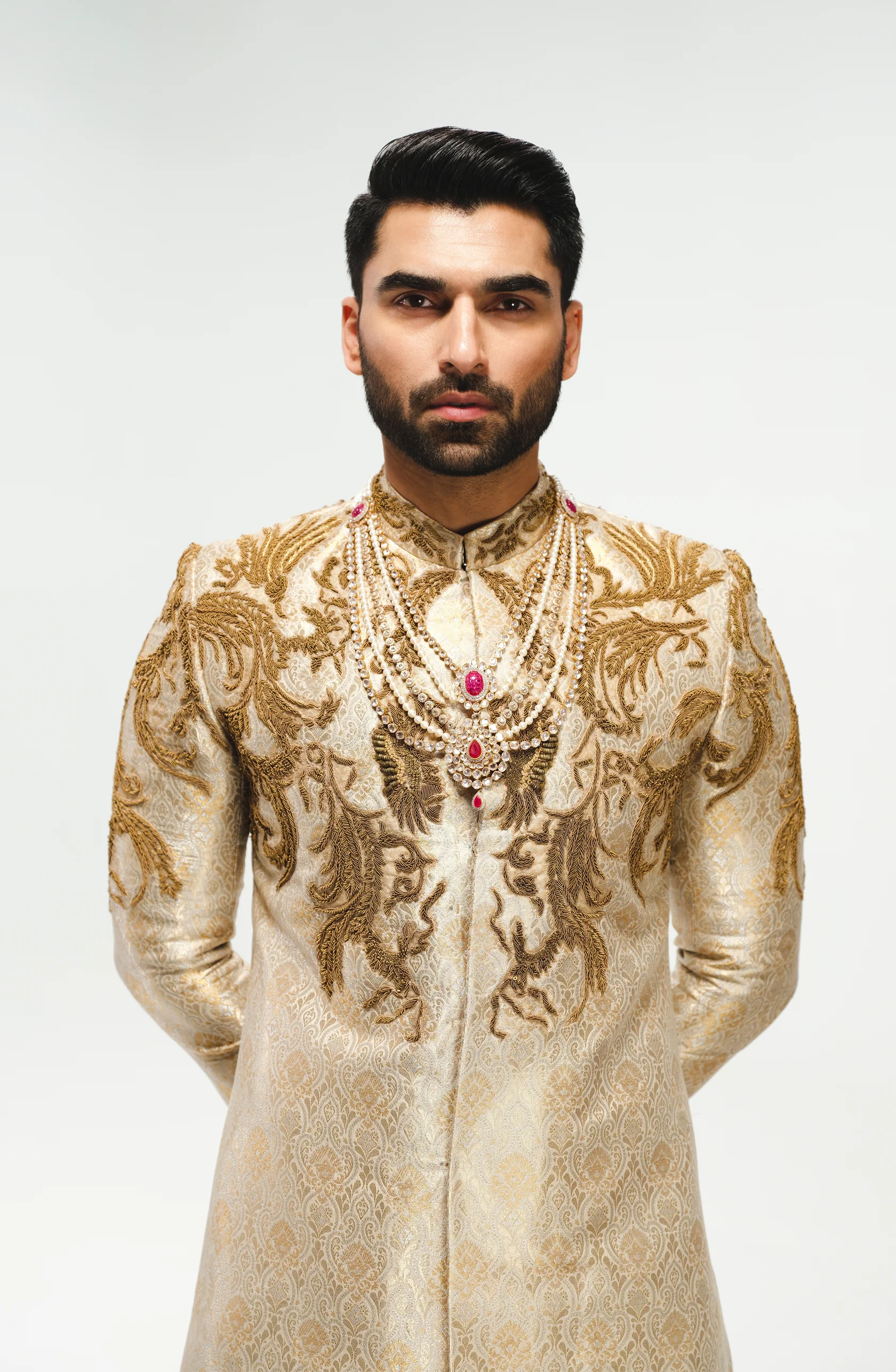 Ivory Zardozi Satin Jamawar Groom Sherwani (3-Piece) - Image 1