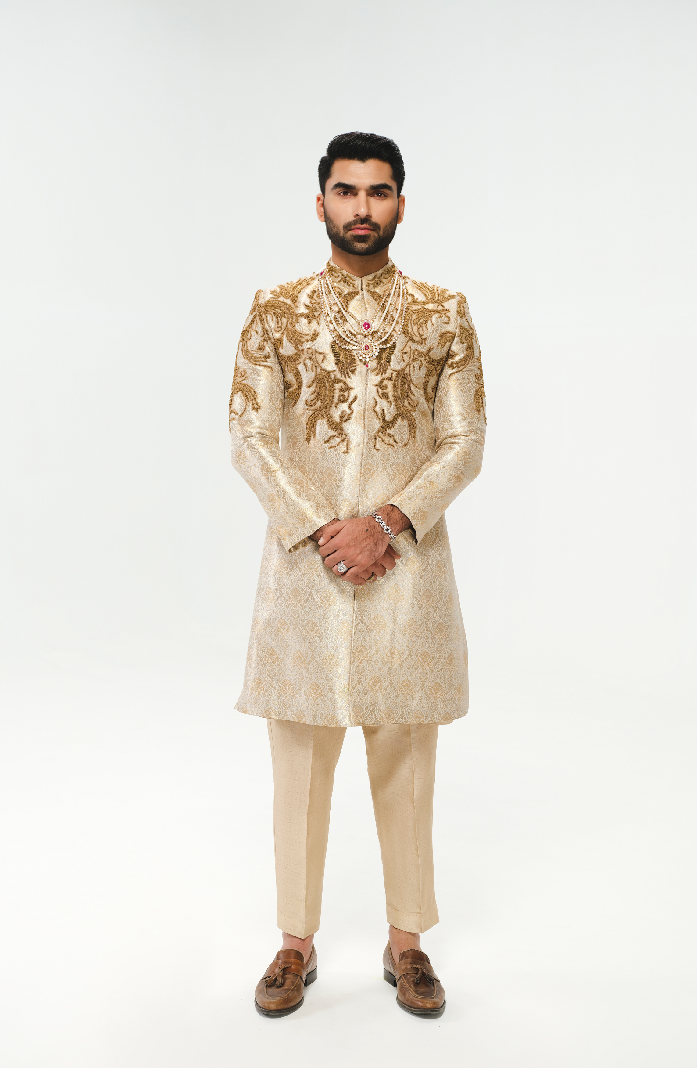 Ivory Zardozi Satin Jamawar Groom Sherwani (3-Piece) - Image 2