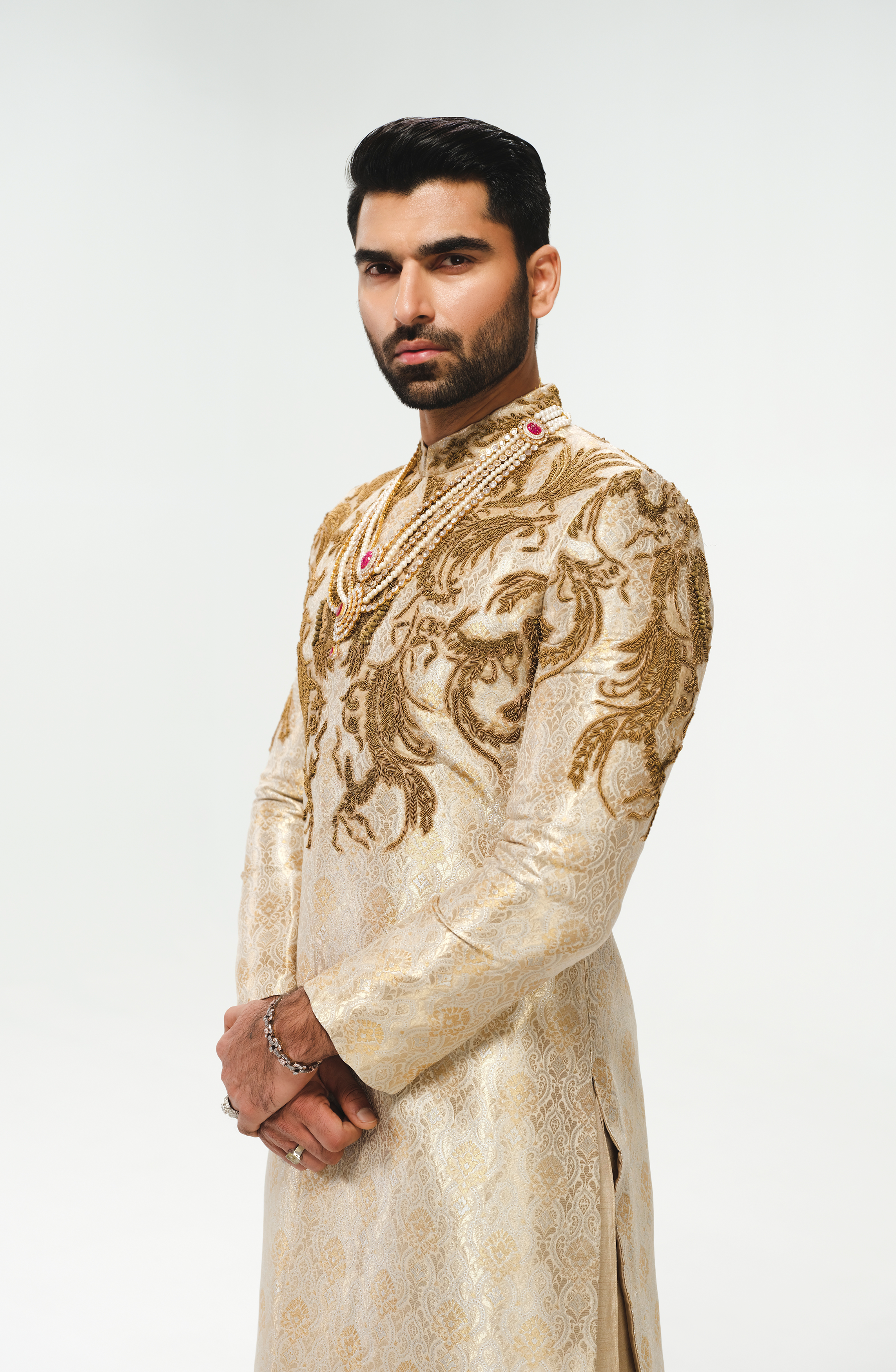Ivory Zardozi Satin Jamawar Groom Sherwani (3-Piece) - Image 3
