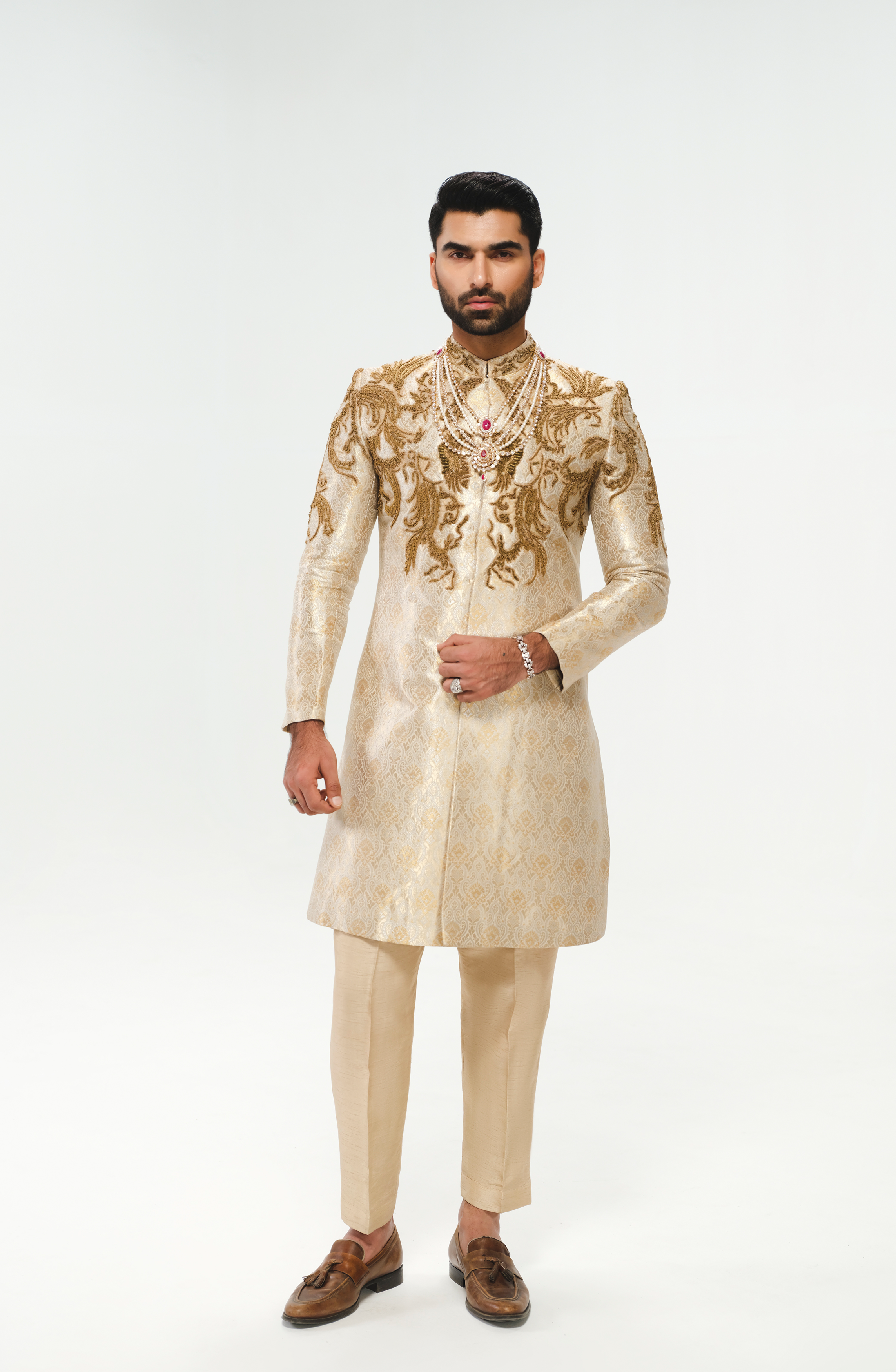 Ivory Zardozi Satin Jamawar Groom Sherwani (3-Piece) - Image 4
