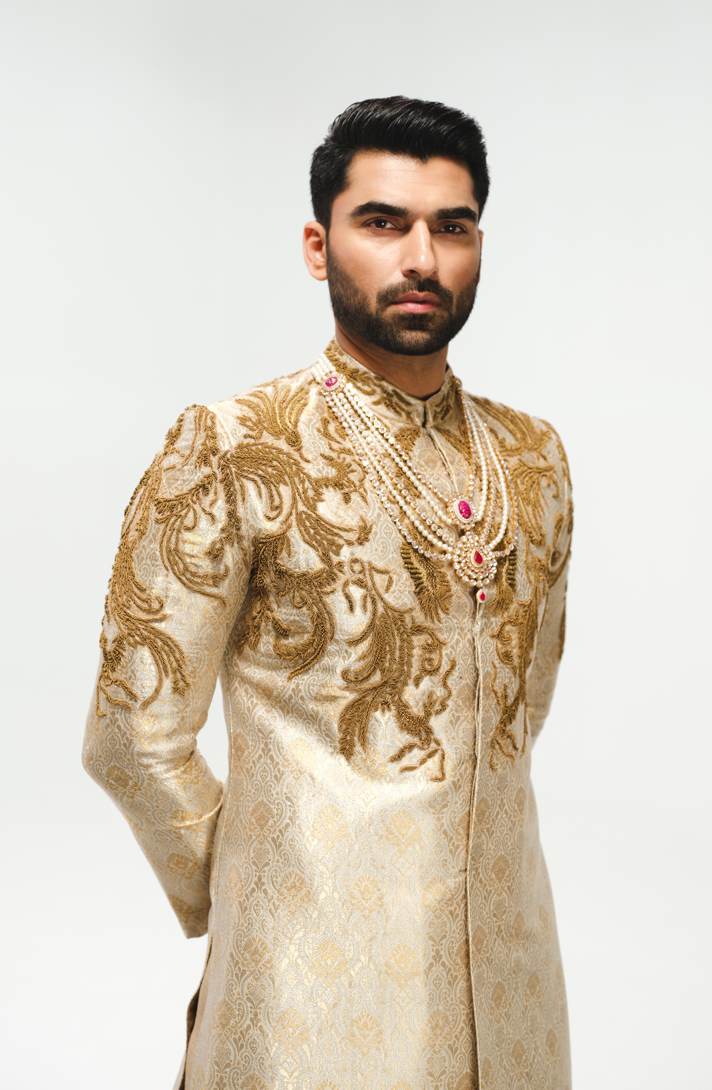 Ivory Zardozi Satin Jamawar Groom Sherwani (3-Piece) - Image 5