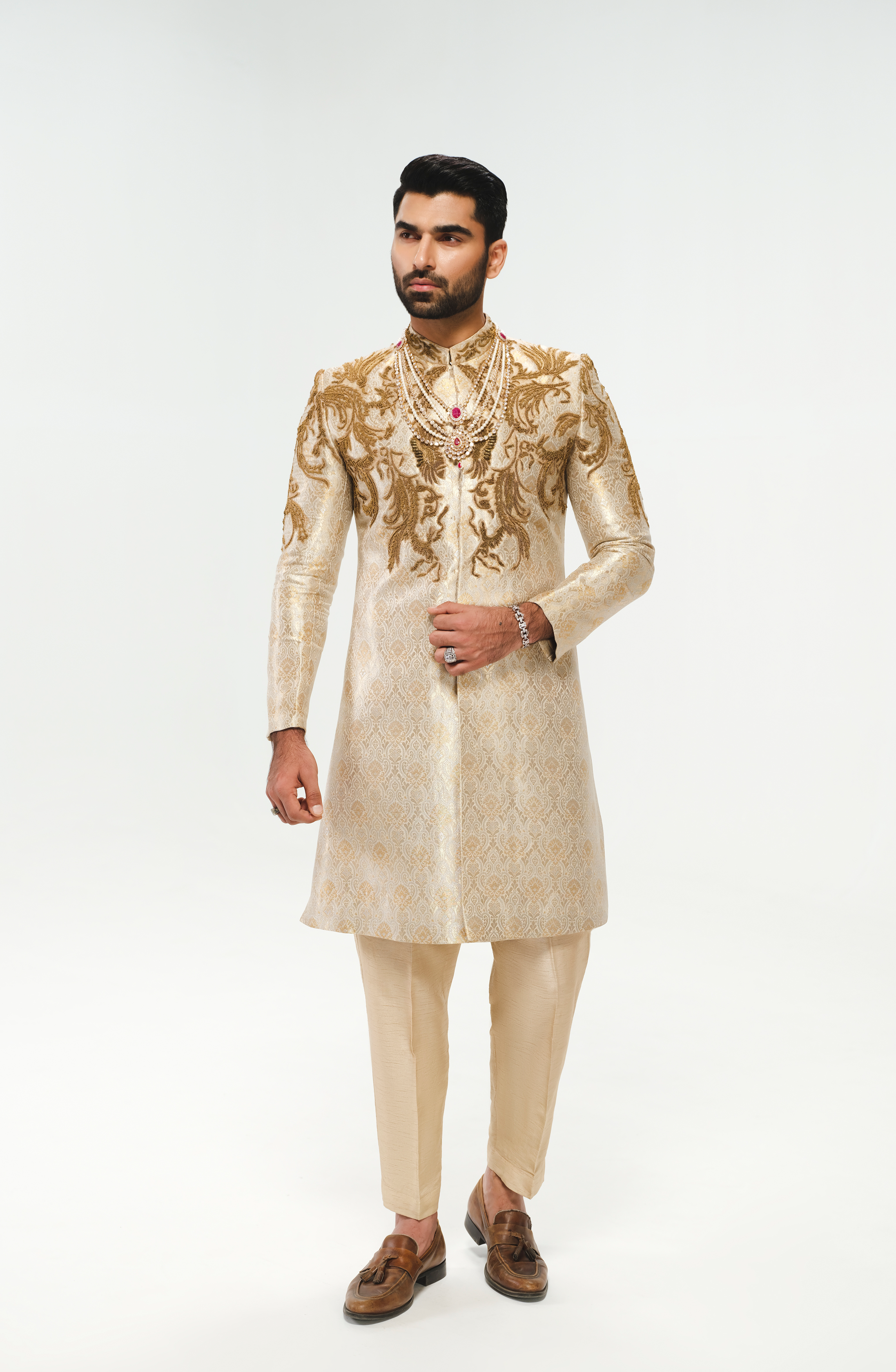 Ivory Zardozi Satin Jamawar Groom Sherwani (3-Piece) - Image 6