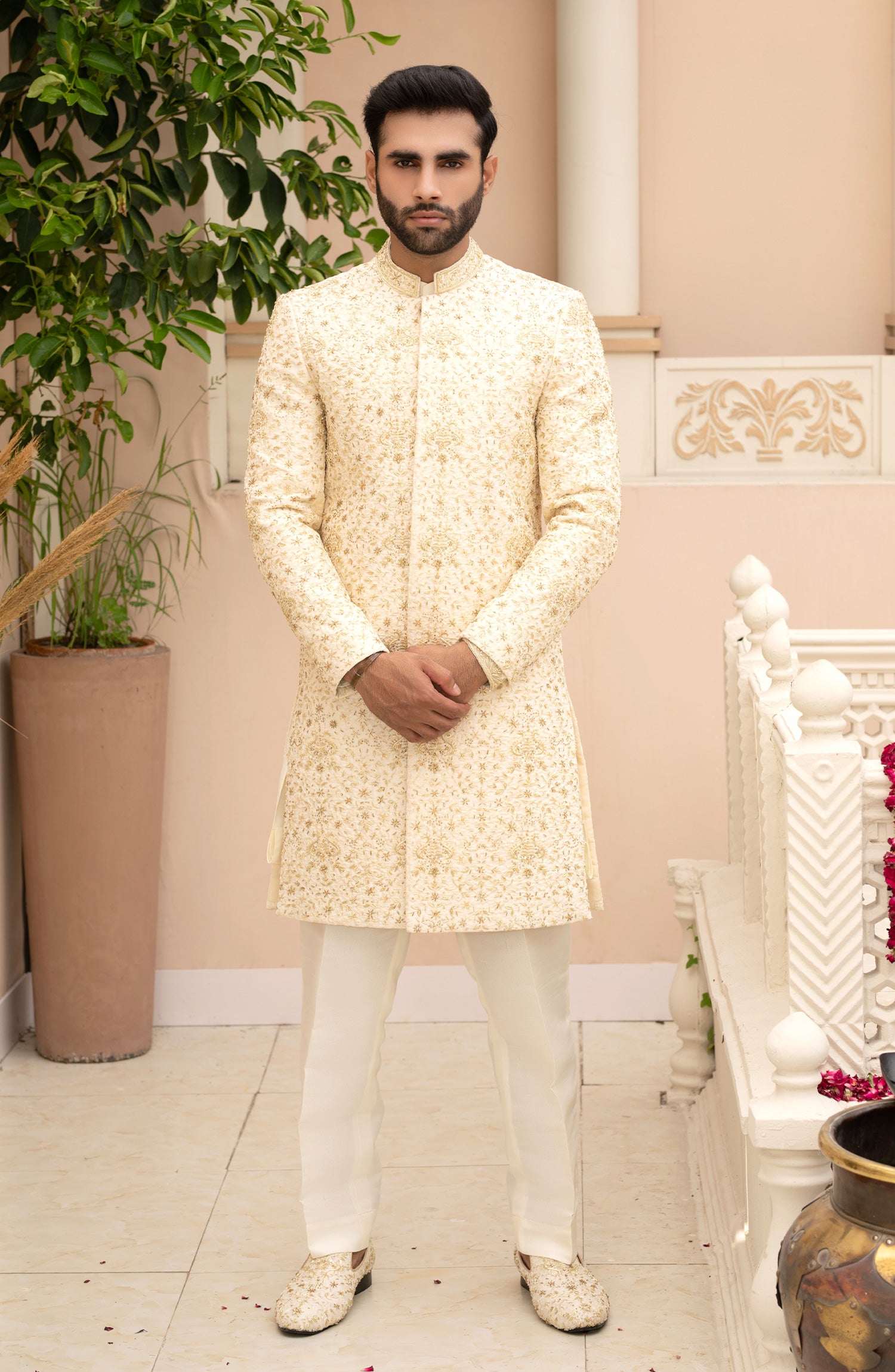 Ivory Cream Adaa Work Silk Sherwani (3-Piece) - Image 1