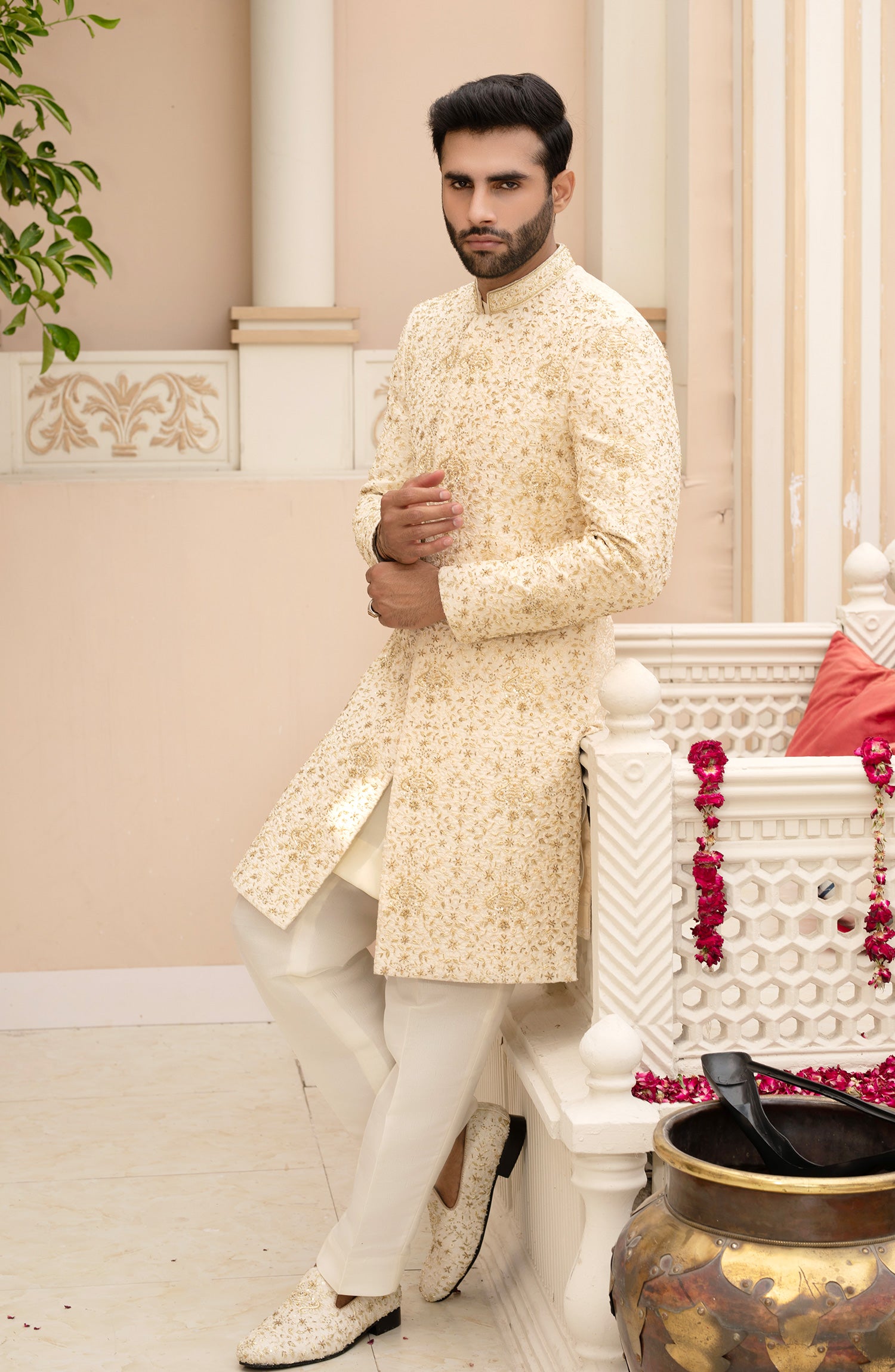 Ivory Cream Adaa Work Silk Sherwani (3-Piece) - Image 3
