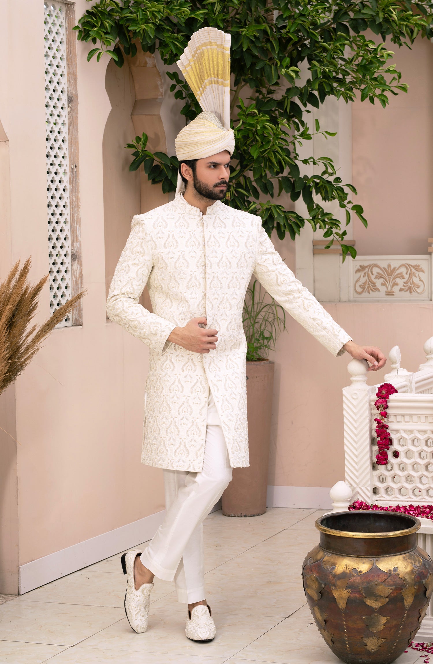 Ivory Embroidered Silk Sherwani Set (3-Piece) - Image 1