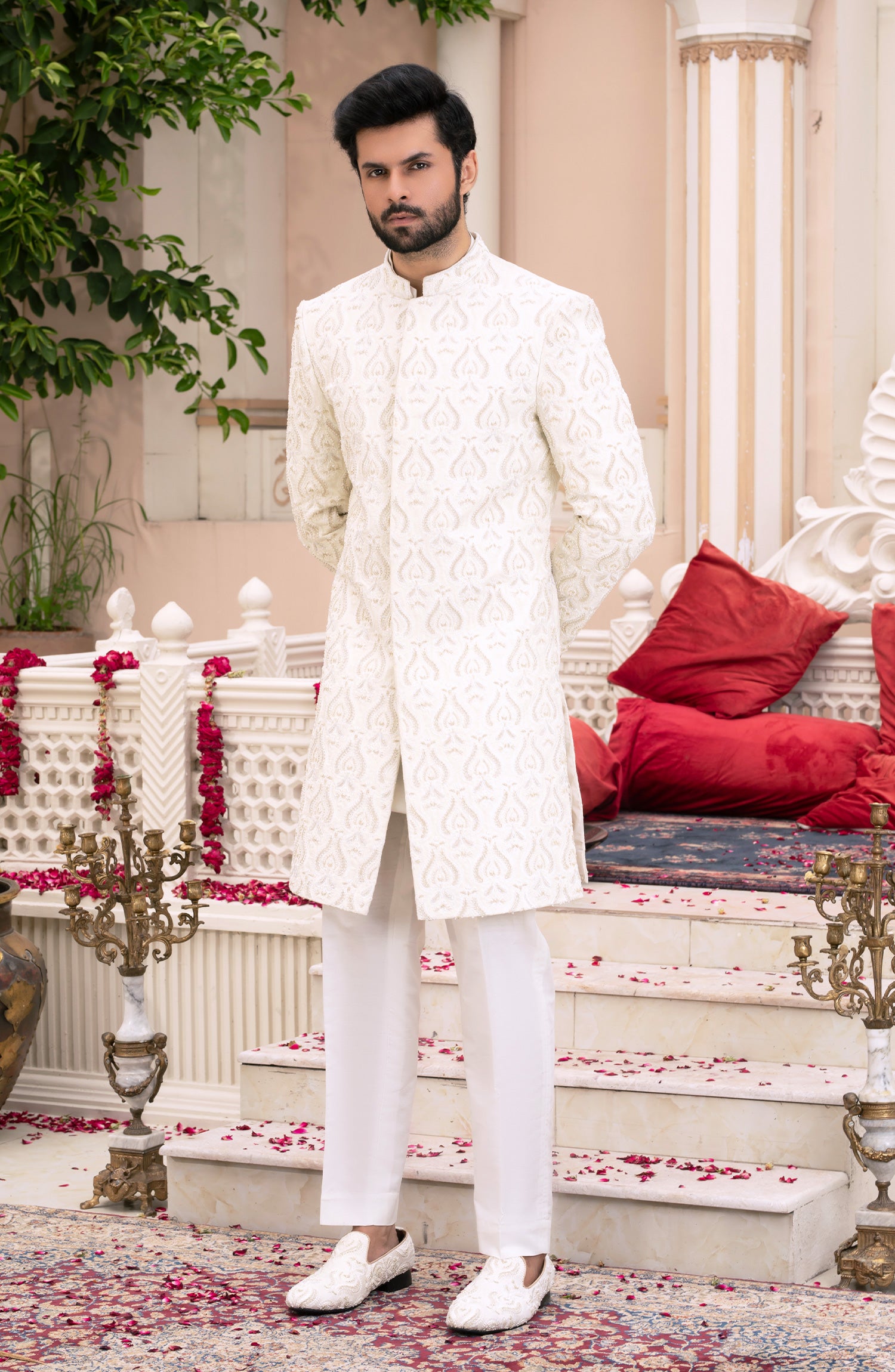 Ivory Embroidered Silk Sherwani Set (3-Piece) - Image 3