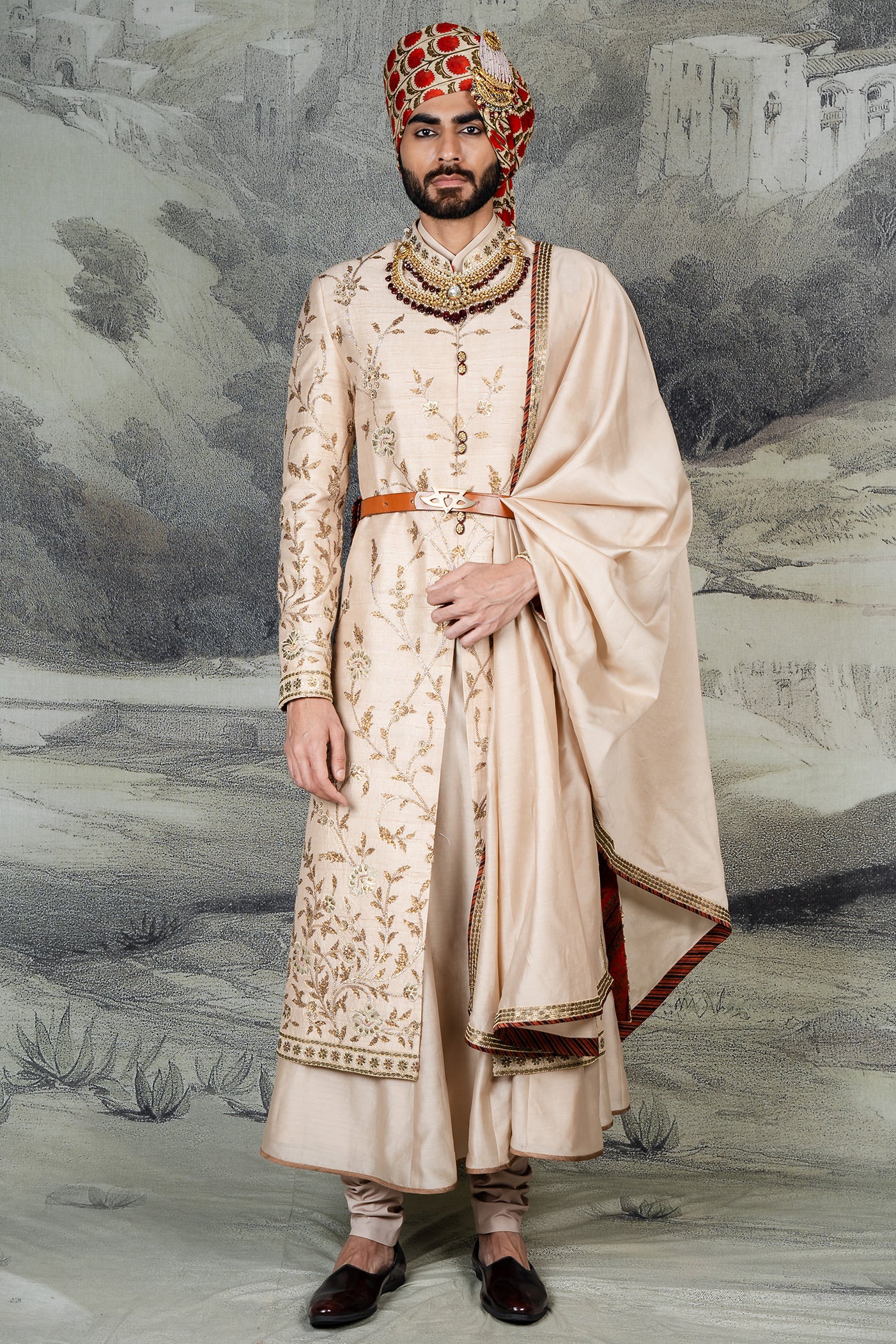 Crème Ivory Embroidered Silk Sherwani (3-Piece) - Image 1