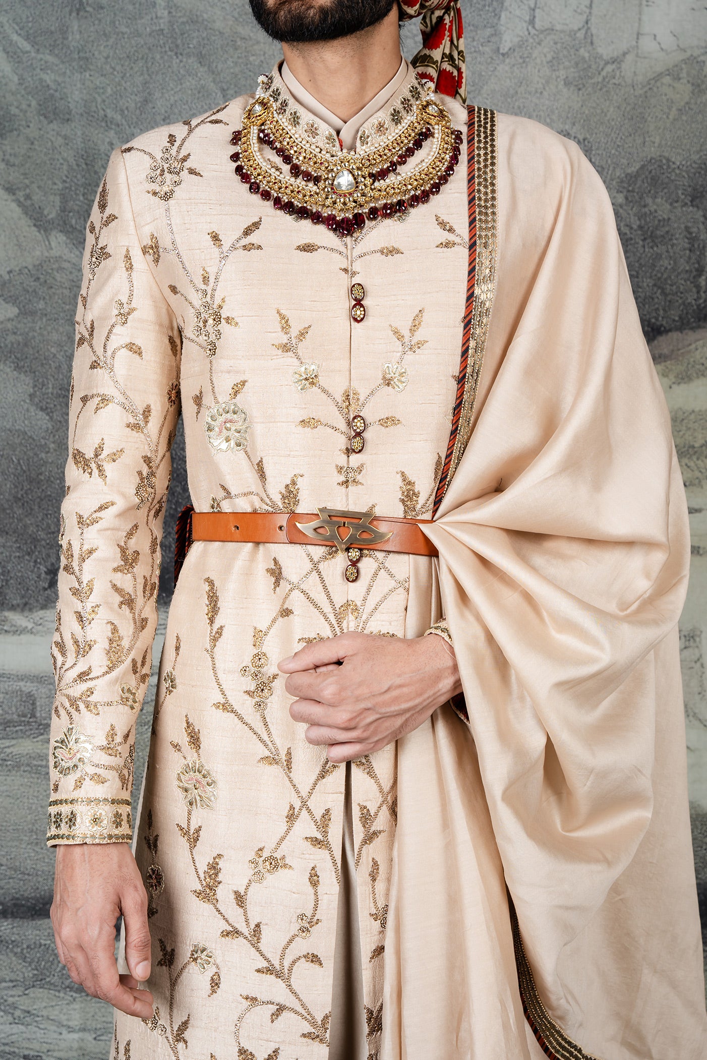 Crème Ivory Embroidered Silk Sherwani (3-Piece) - Image 4