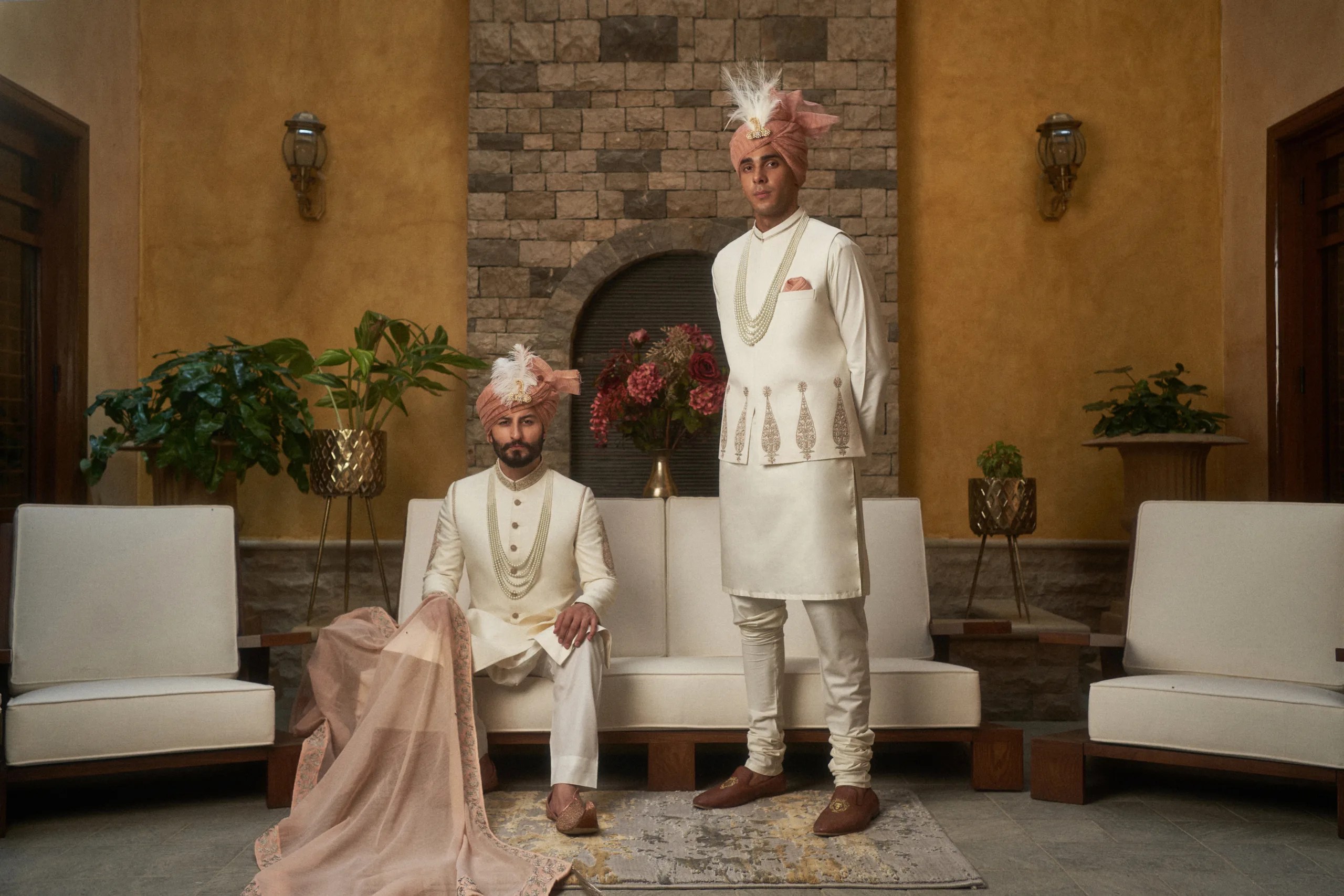 Antique White Embroidered Silk Blend Groom Sherwani (3-Piece) - Image 3