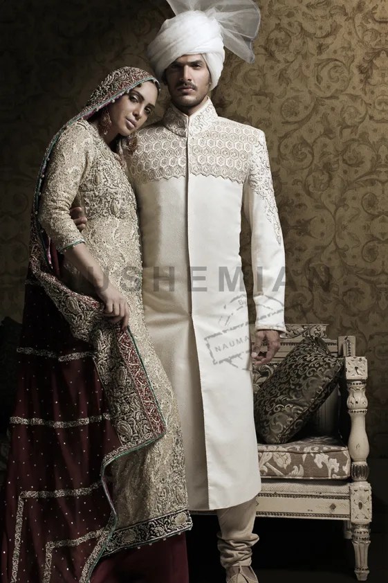 Ivory Geometric Embroidered Silk-Blend Sherwani (2-Piece) - Image 1
