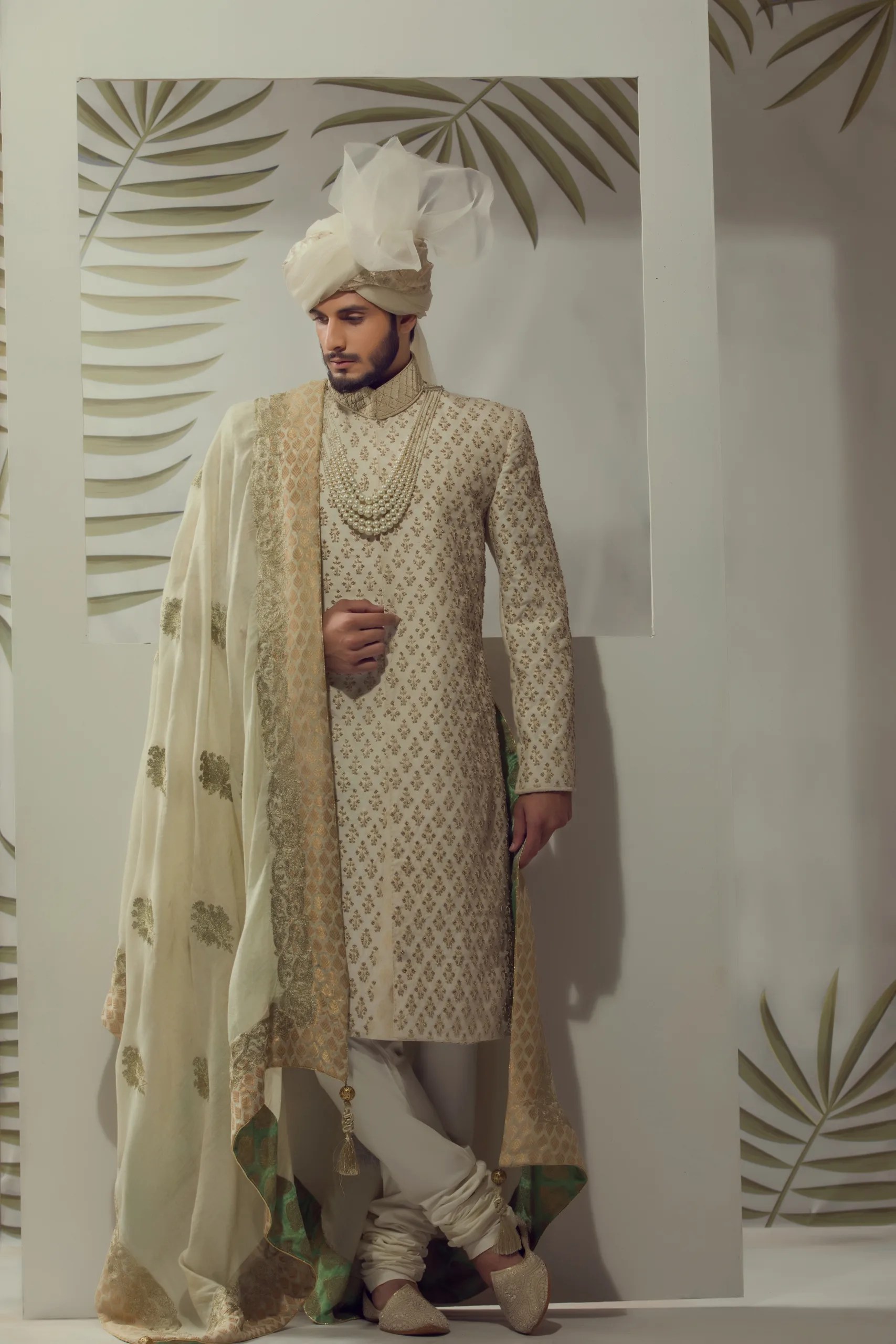 Ivory Gold Embroidered Silk-Blend Groom Sherwani (3-Piece) - Image 2